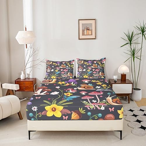 Miniatura 2 de Juego de sábanas marrón con diseño de hongos, rosa, flor, marrón, juego de cama de jardín, juego de cama de caracol negro para niños, fundas de cama