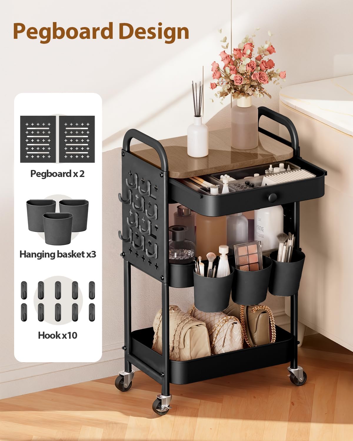 ALVOROG 3 Tier Metal Rolling Cart with Drawer,Wood Top,Pegboards,Black image 4