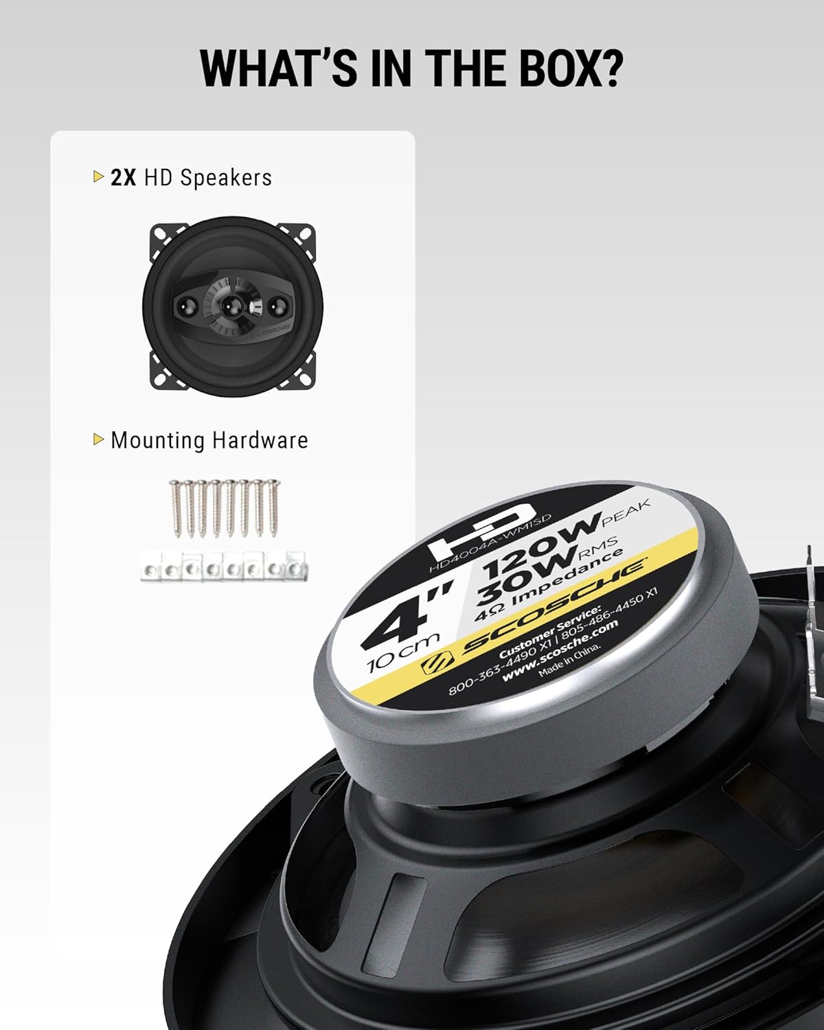 Contents of the Scosche HD4004A-WM1SD speaker box, showing two speakers, two grilles, and various mounting screws and clips.