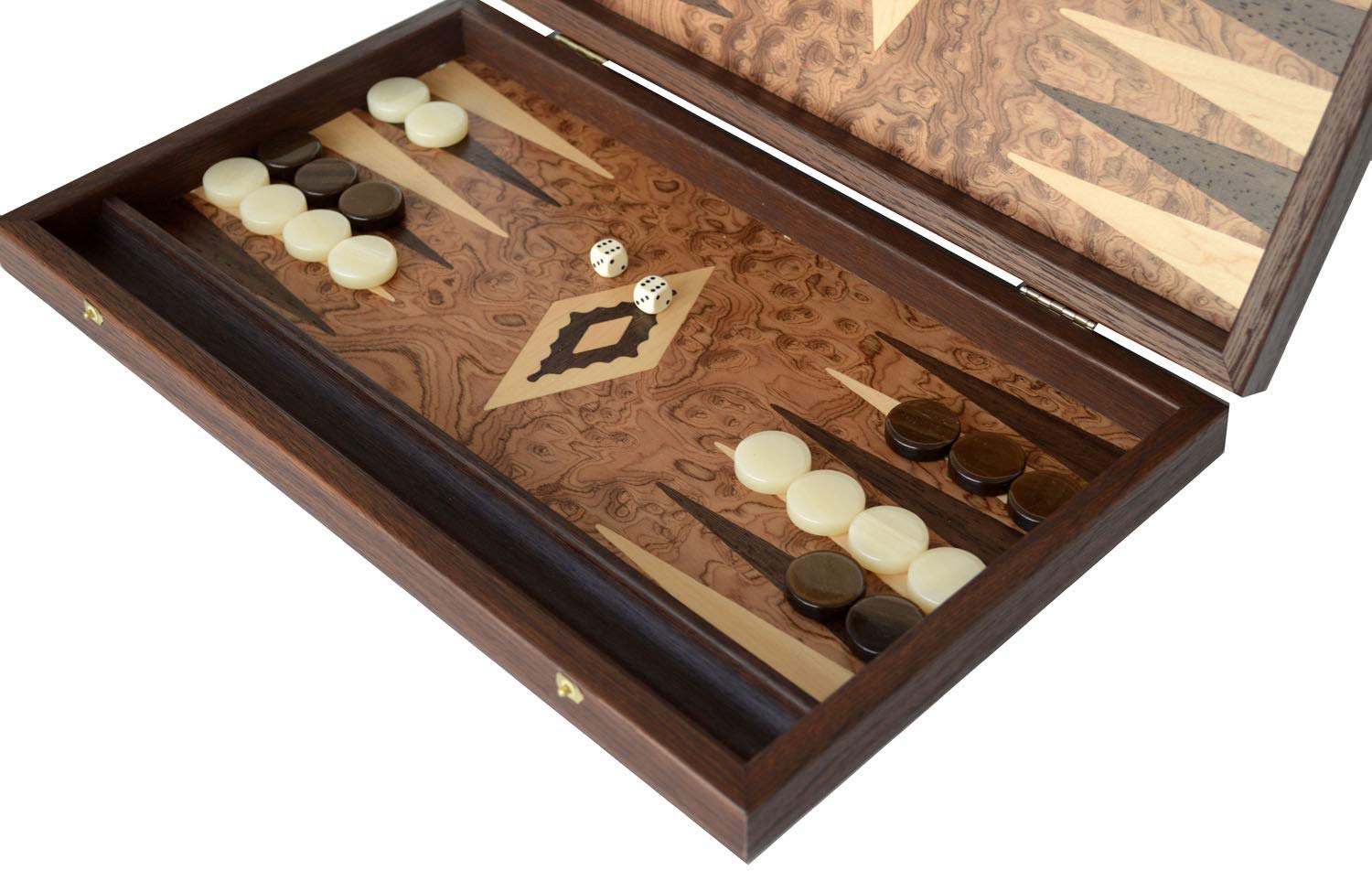 Manopoulos Traditional 15" Walnut Root Backgammon Set Ivory-Brown Chips