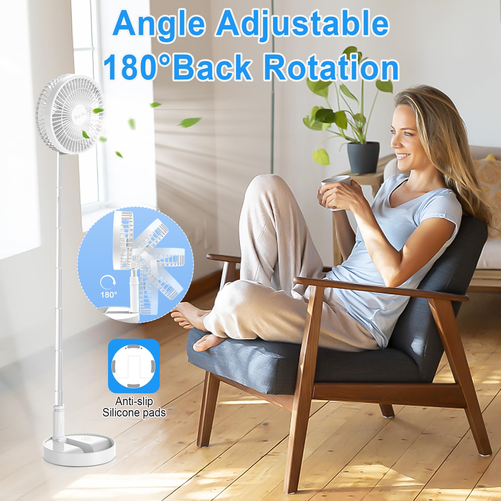 Ventilatore a Piantana con Pannello Solare, 8" Silenzioso Portatile Ventilatore da Pavimento/Tavolo, 5200mAh USB Ricaricabile Fan, 3 Velocità, Altezza Regolabile, per Camera da Letto Ufficio Viaggio
