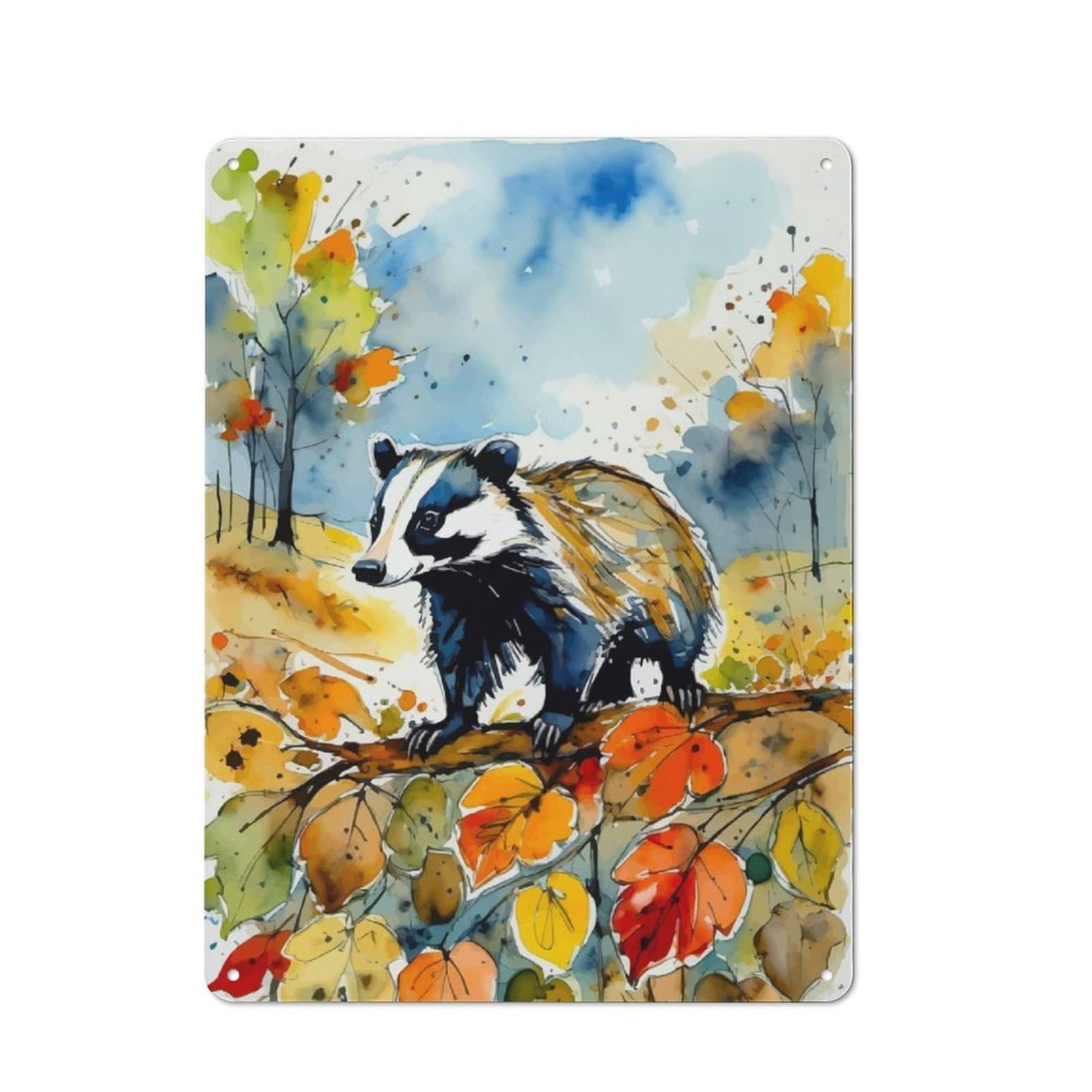 Junmoney Badger In Autumn Woods Metal Wall Sign 40X30cm, Retro Decor For Home Bar Wall, For Metal Sign Collectors, For Garage And Workshop Walls