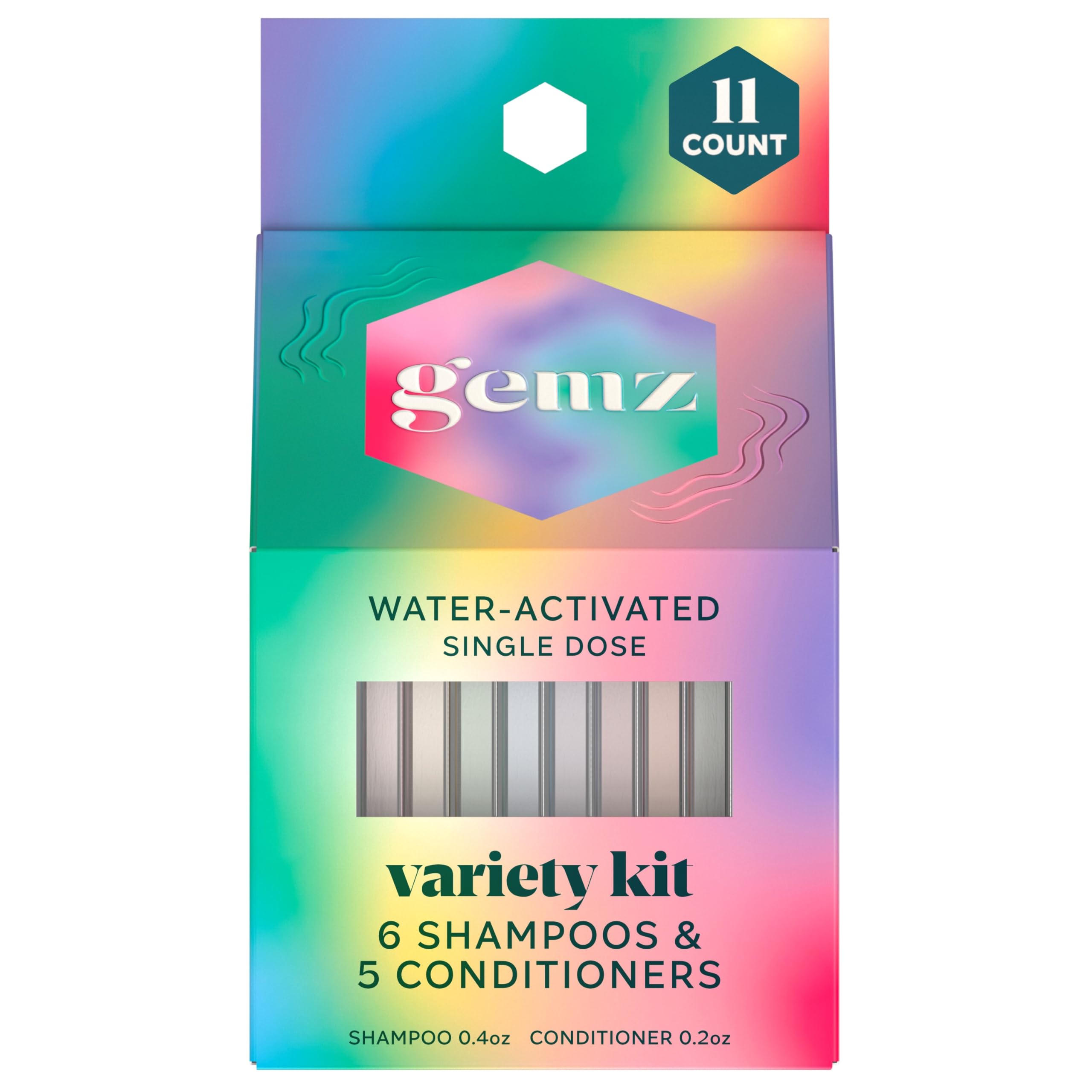 Gemz Shampoo & Conditioner Variety Kit, Water-Activated Single-Dose Solid Hair Care, Shampoos and Conditioners Travel-Size Set, 11-count