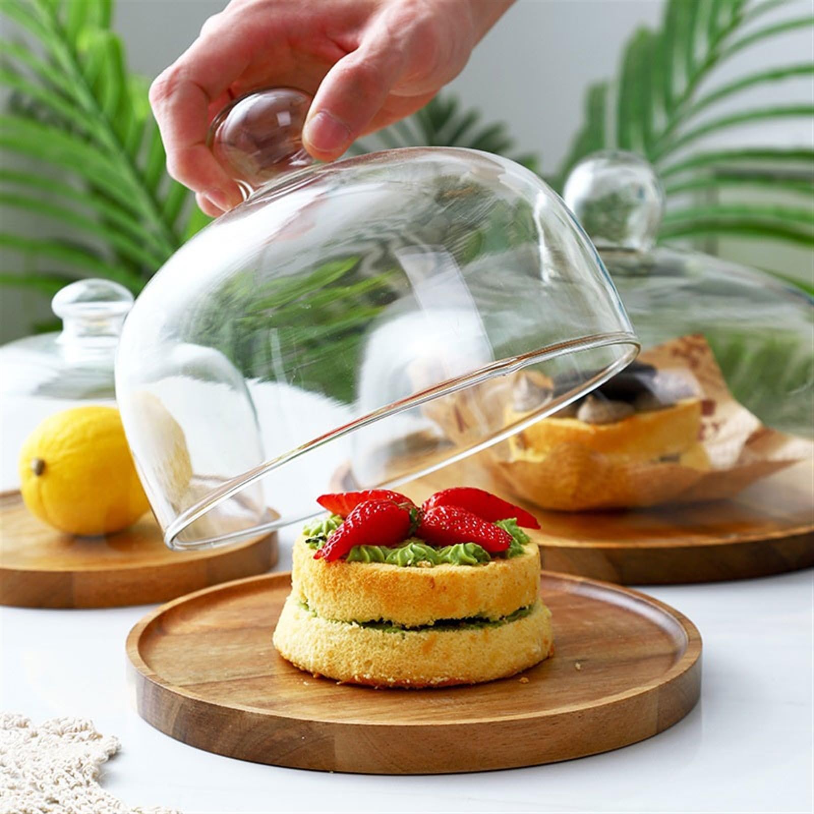 Patera na tort drewniana płyta na ciasto przezroczysta szklana osłona stołu deserowego chleba dim sum ekspozytor weselny (średnia)