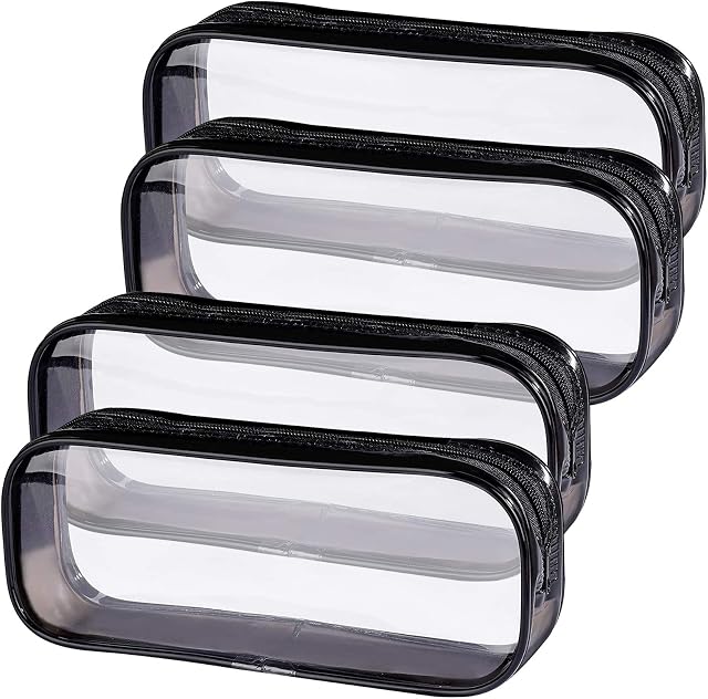 VEGCOO 4 Pcs Clear Pencil Bags, PVC Transparent Pen Bag, Waterproof Zipper Pouches for Students Exam/Office Stationery/Travel Toiletries (Black)