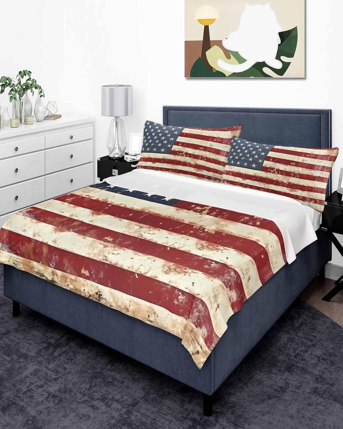 King Size Flat Sheet Only, American Flag Soft Brushed Microfiber Bed Sheets, Vintage Blue Red USA Flag Retro Hotel Quality Breathable Bedding Top Sheet, Easy Care, 105"x98"