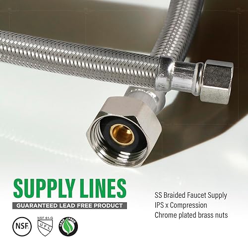 Miniatura 2 de Conector de manguera de grifo Highcraft de 30" de longitud, línea de suministro flexible trenzada de acero inoxidable de 12" IPS X 38" Comp FIP,