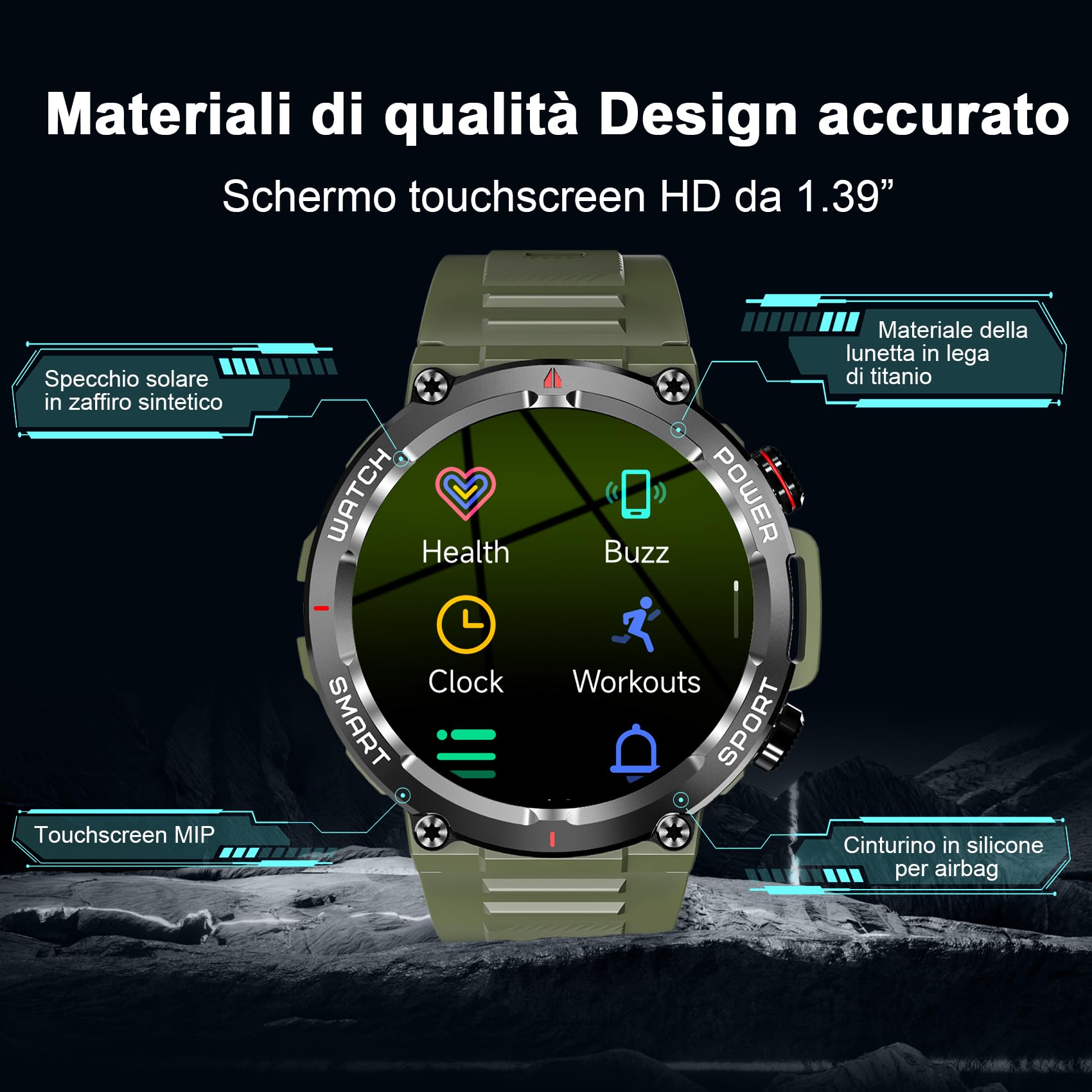 IOWODO Smartwatch Uomo,Orologio Fitness Chiamate Bluetooth,Smart Watch Militari Tracker con Cardiofrequenzimetro,SpO2, Monitoraggio del Sonno,100+ Modalità Sport Compatibile Android con iOS