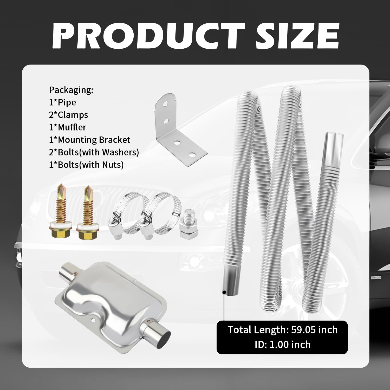 59.05" L & 1" ID Diesel Heater Exhaust Pipe Kit Stainless Steels,Flexible Exhausts Pipe Kit with Muffler,Clamps,Bracket,Bolt,Universal Car Accessories for Air Diesel Gas Vent