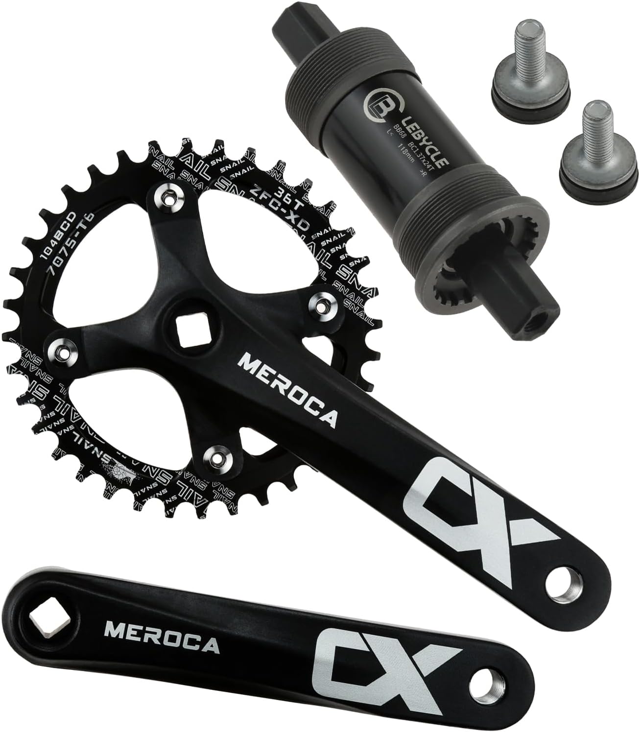 Square Taper Crankset MTB, Mountain Bike Single Speed Crankset, Bicycle Crank Arm Set 170mm 104BCD, 34T/36T Chainring & Bolts, Bicycle Bottom Bracket BSA Innenlager Bearing 68mm x 118mm