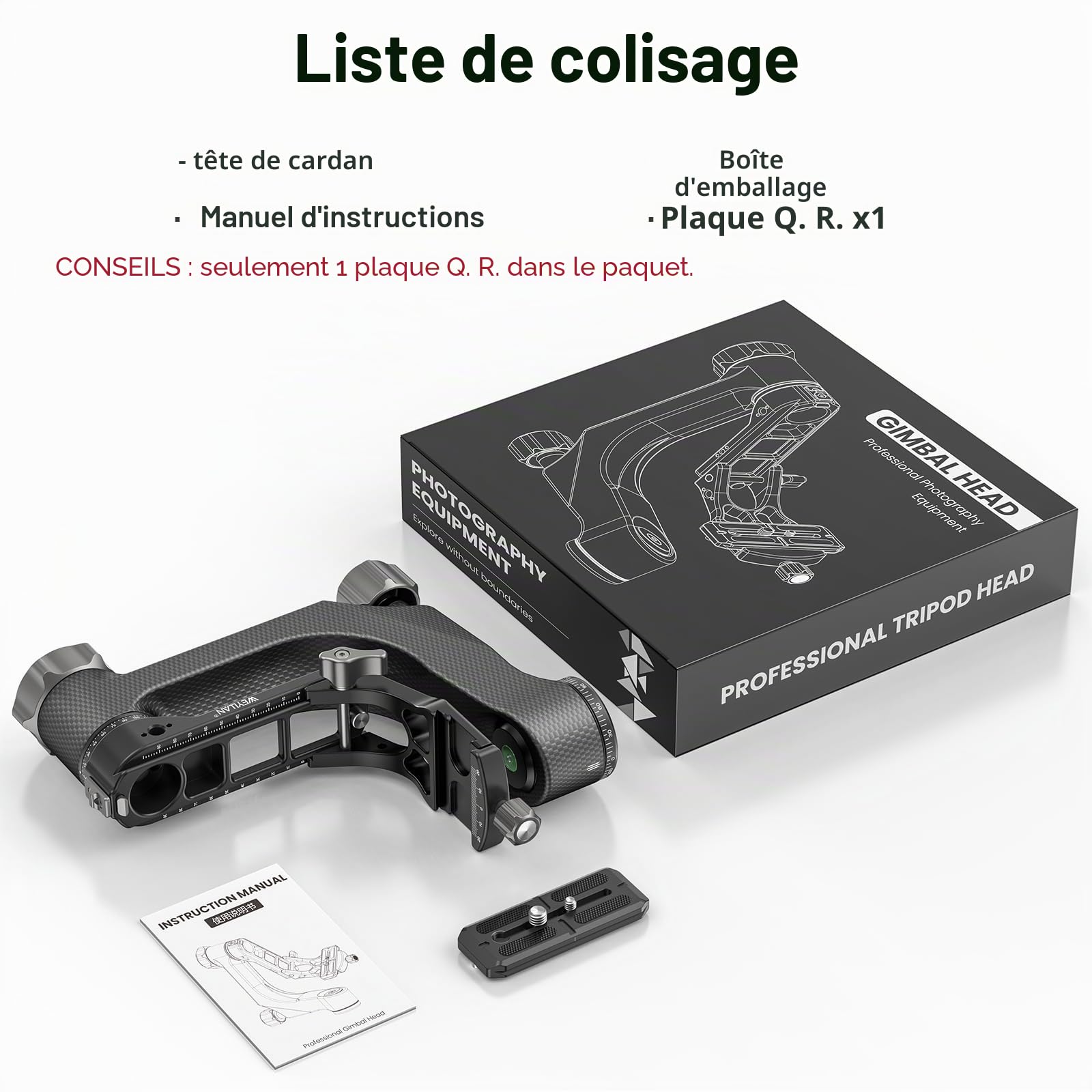 WEYLLAN Tête de Trépied Professionnelle en Fibre de Carbone, Panoramique 360° avec Plaque Dégagement Rapide Arca 1/4'' 3/8'' pour Appareil Photo Reflex Numérique, Charge 20kg