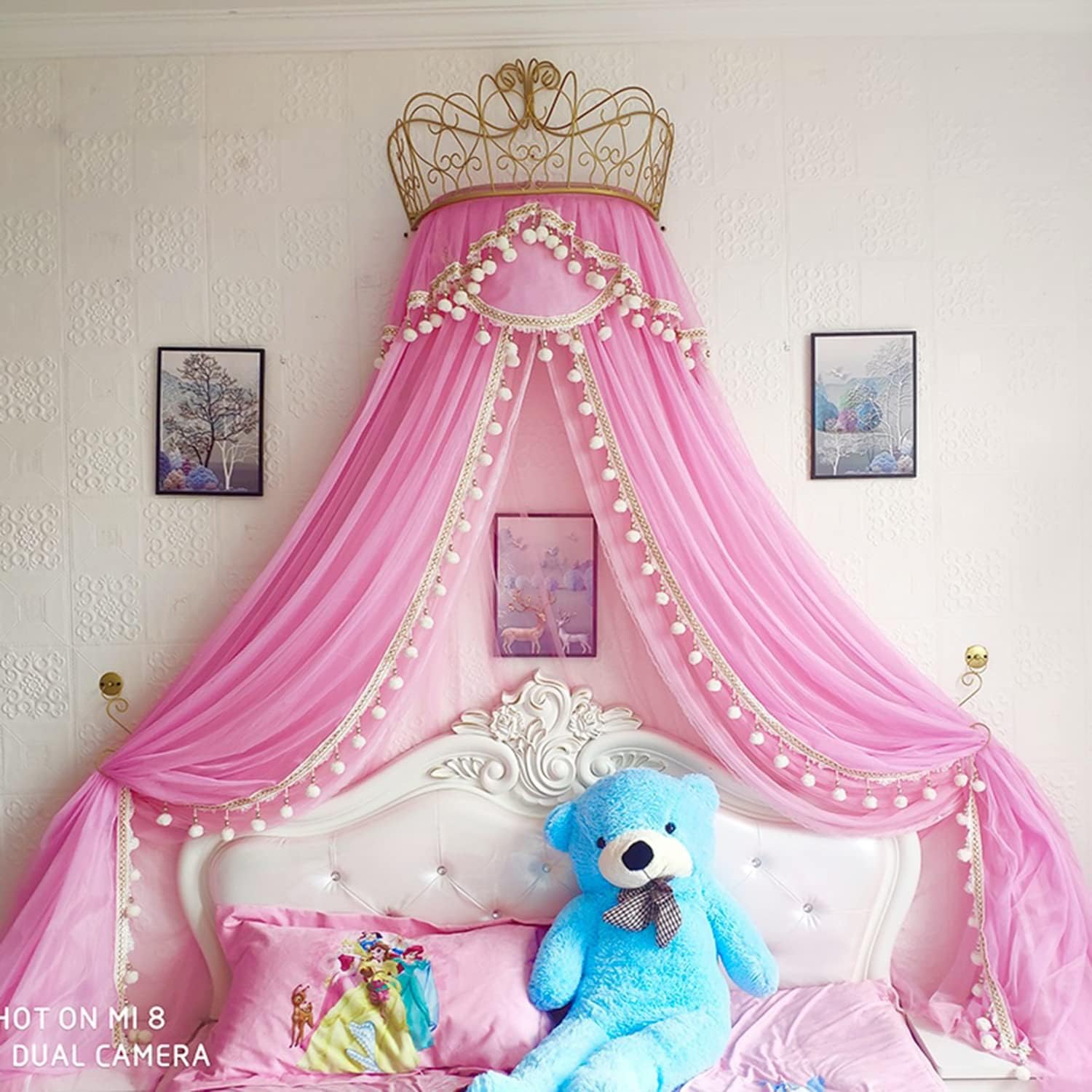 Camping Tent Princess Bed Curtain Lace Metal Crown Bed Canopy Drapes, Reading Nook Canopies Tent Bedroom Bed Decoration, Romantic Gifts for Your Daughter