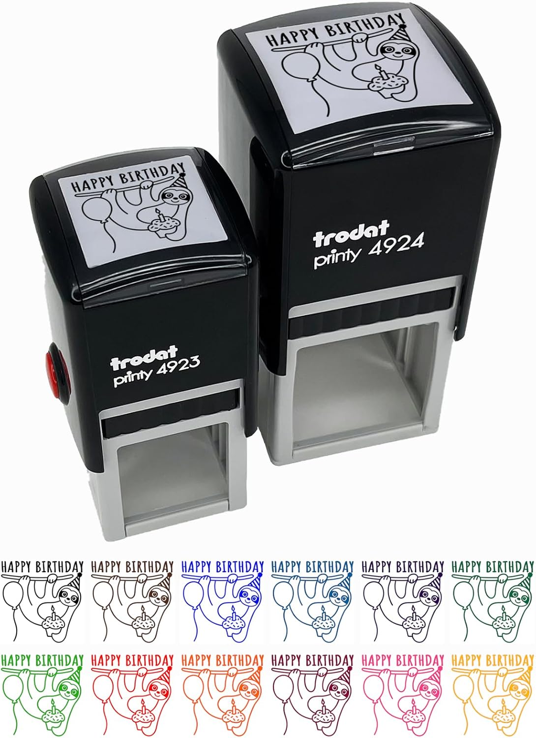 Happy Birthday Sloth with Cupcake Self-Inking Rubber Stamp Ink Stamper - 1-1/2 Inch Large - Red Ink