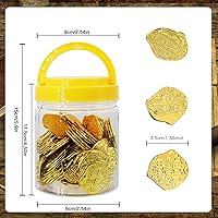Vista 2 de Monedas piratas de oro de plástico, 100 unidades, juego del tesoro pirata, réplica dorada, monedas de doblones españoles con frasco, juego