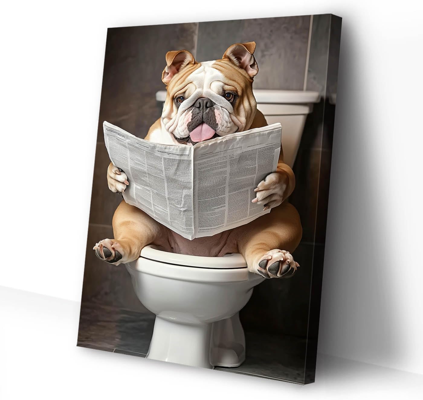 CCWACPP Dog Bathroom Wall Art Funny Animal Pictures Bulldog Reading Newspaper on Toilet Print Whimsical Animal Canvas Toilet Decor Framed (12.00" x 18.00")