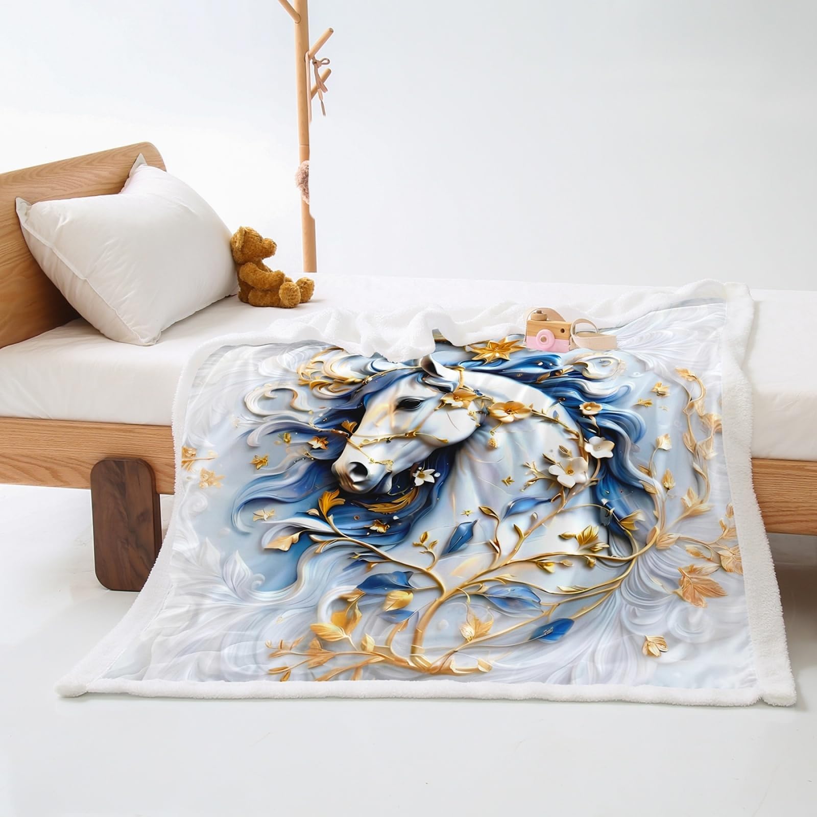 Plaid lit polaire blanc or bleu en flanelle et laine d'agneau 100x150cm