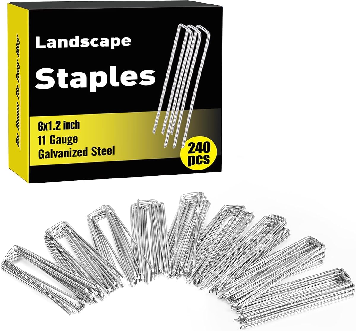 HongWay 240 Pack Landscape Staples 6 Inch, Galvanized Garden Stakes | 11 Gauge Heavy Duty U Pins Tent Stakes Ground Staples for Landscaping Fabric, Yard, Lawn, Sod, Turf, Outdoor Decorations