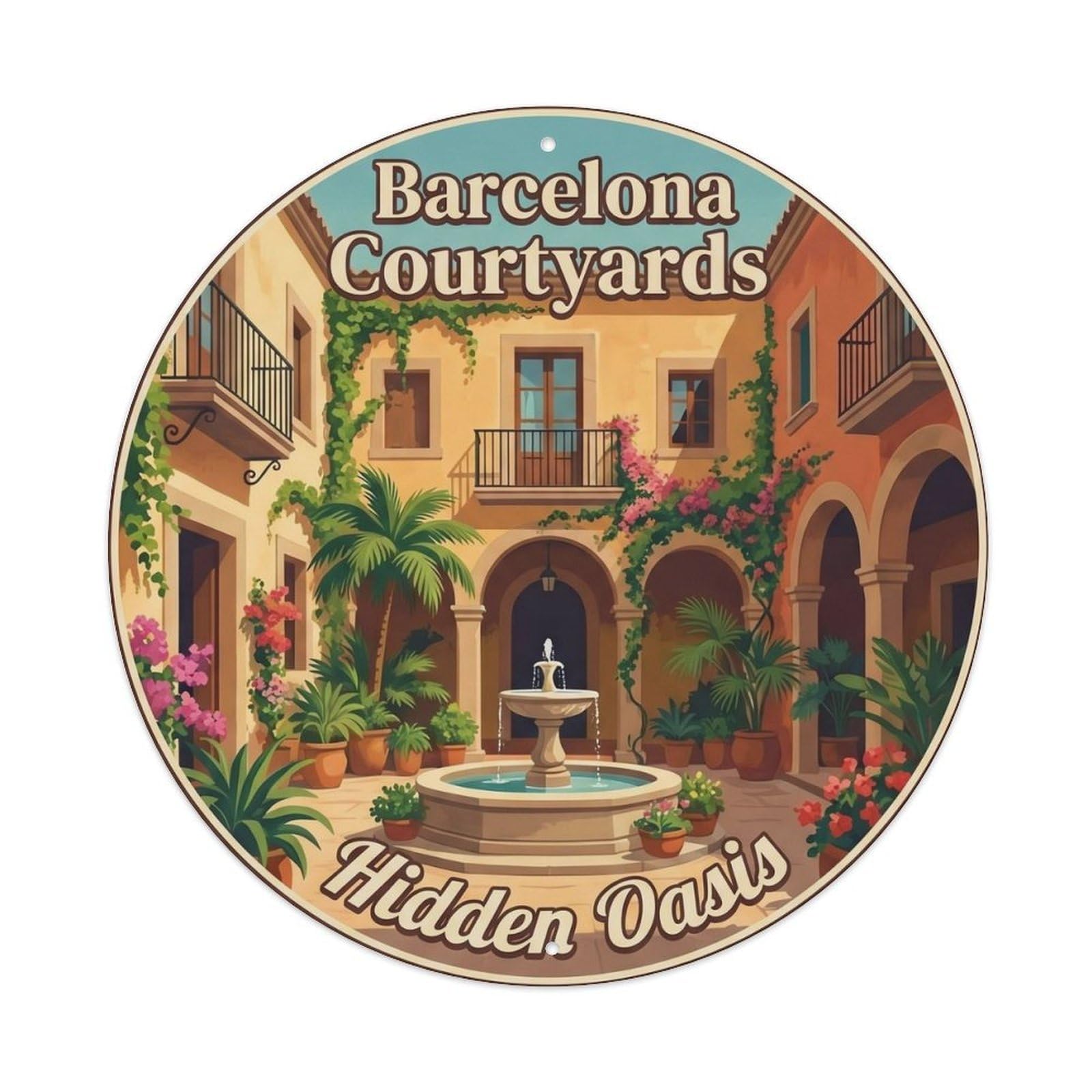 Vintage Barcelona Courtyard Catalan Spanish Culture Heritage Metal Tin Sign Plaque Wall Decor for Cafe, Man Cave, Club Bar, Office, Home Garden Round Metal Poster 8x8Inch