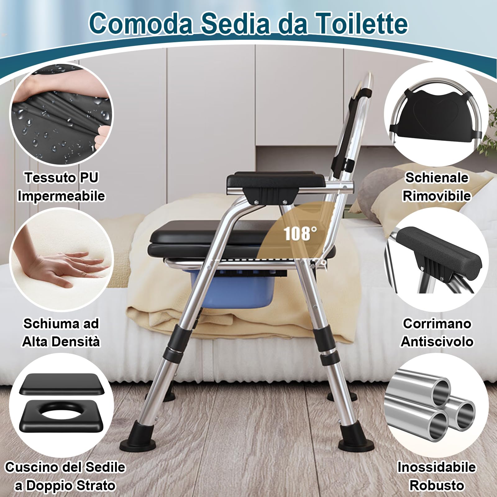Sedia Comoda WC per Anziani Pieghevole, Regolabile in Altezza Sedia WC con Imbottito e Secchio Rimovibile, Antiscivolo Sedia per Doccia Portata Fino a 200 kg per Disabili, Donne in Gravidanza