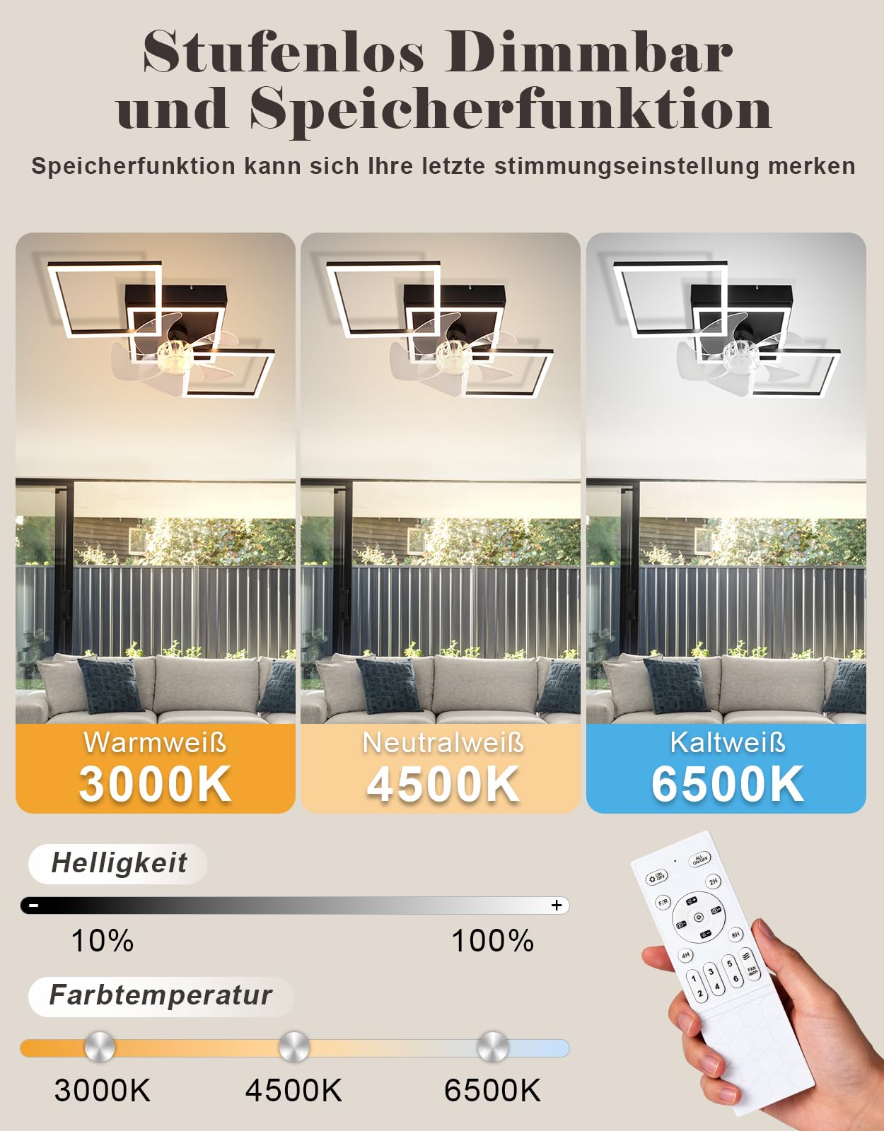 Homefire Moderne Deckenlampe mit Ventilator 68cm - Deckenventilator mit Beleuchtung 6-Gang LED Deckenventilatoren mit Licht Dimmbar mit Fernbedienung Timer für Wohnzimmer Esszimmer | Beleuchtung, 6 Geschwindigkeiten LED Deckenventilator mit Beleuchtung, D