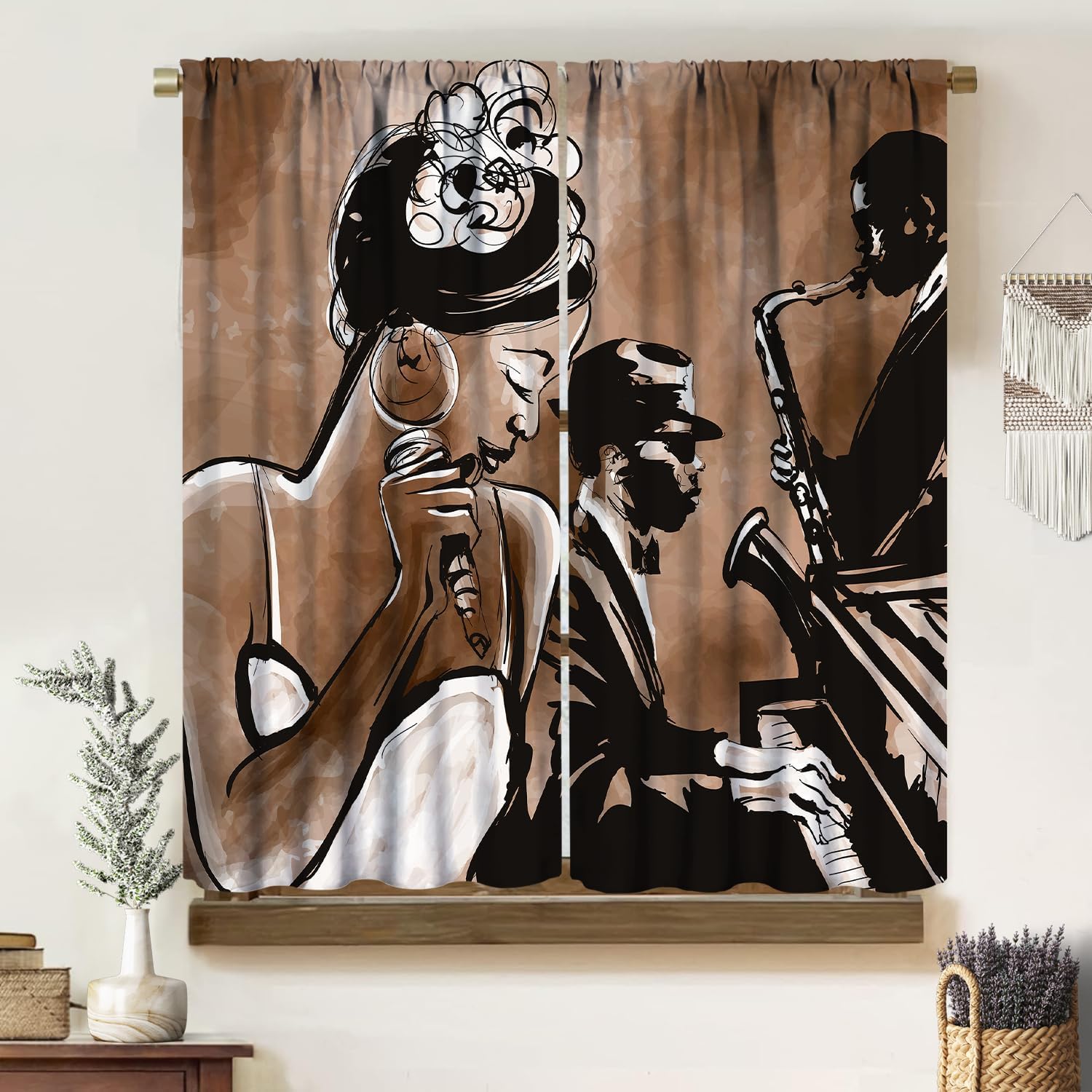 Vintage Art African American Curtains, Mid Century Jazz Band Black Woman Singer Performer Pastel, Thermal Insulation Blackout Window Treatments Rod Pocket for Living Room Bedroom Bathroom 42x45in