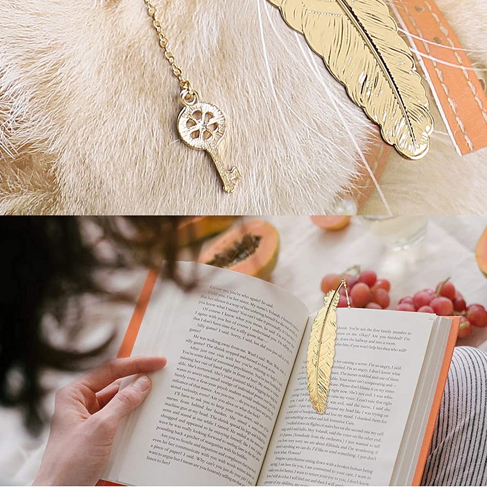 Marque-Page En Métal Plume - Design Vintage En Laiton, Avec Pendentif Clé, 11.4 Cm