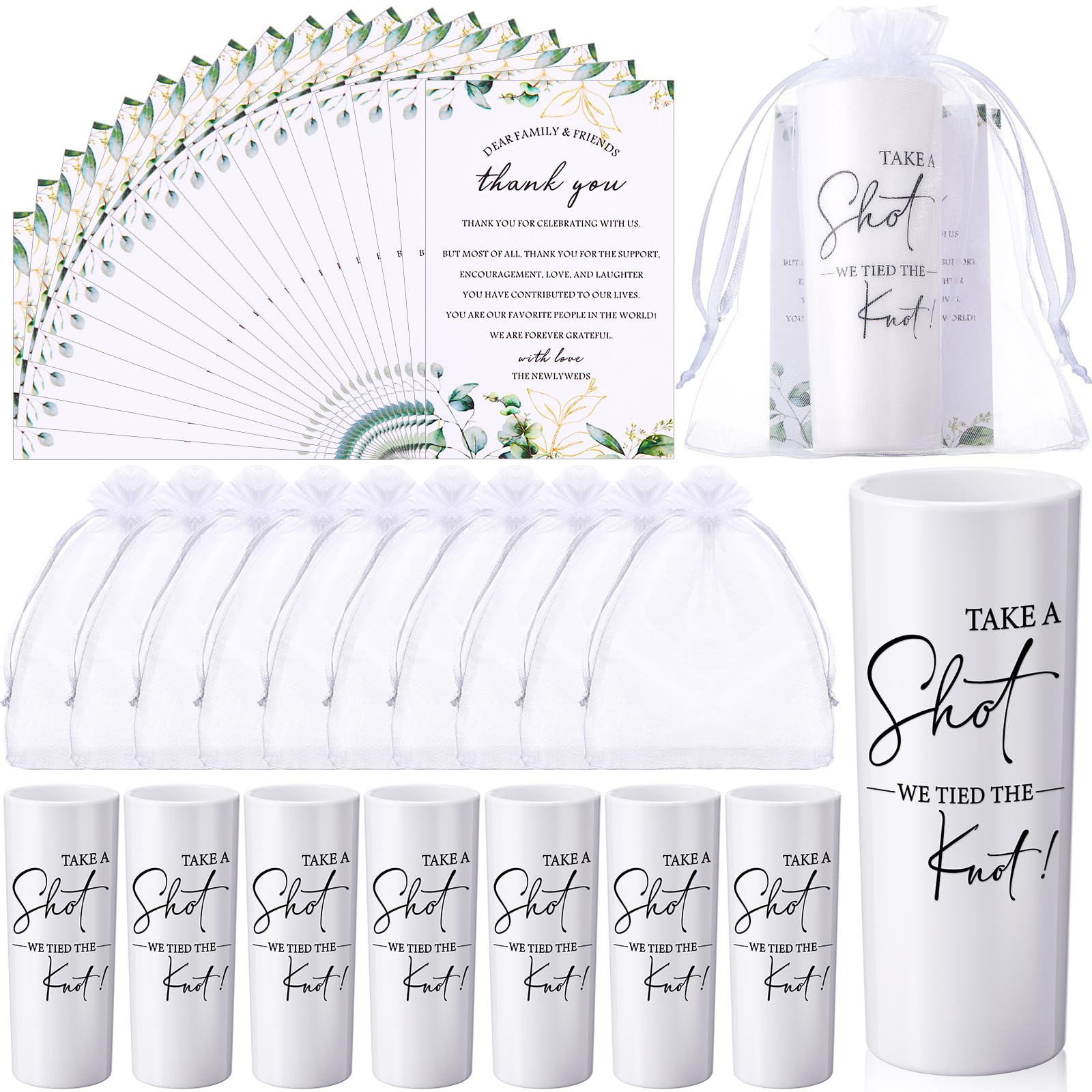 Sliner 100 Set Wedding Favors for Guests Bulk 2oz Acrylic Take a Shot We Tied the Knot Shot Glasses with Thank You Cards Organza Bags for Guest Souvenir Wedding Bridal Shower Gifts (White,Black)