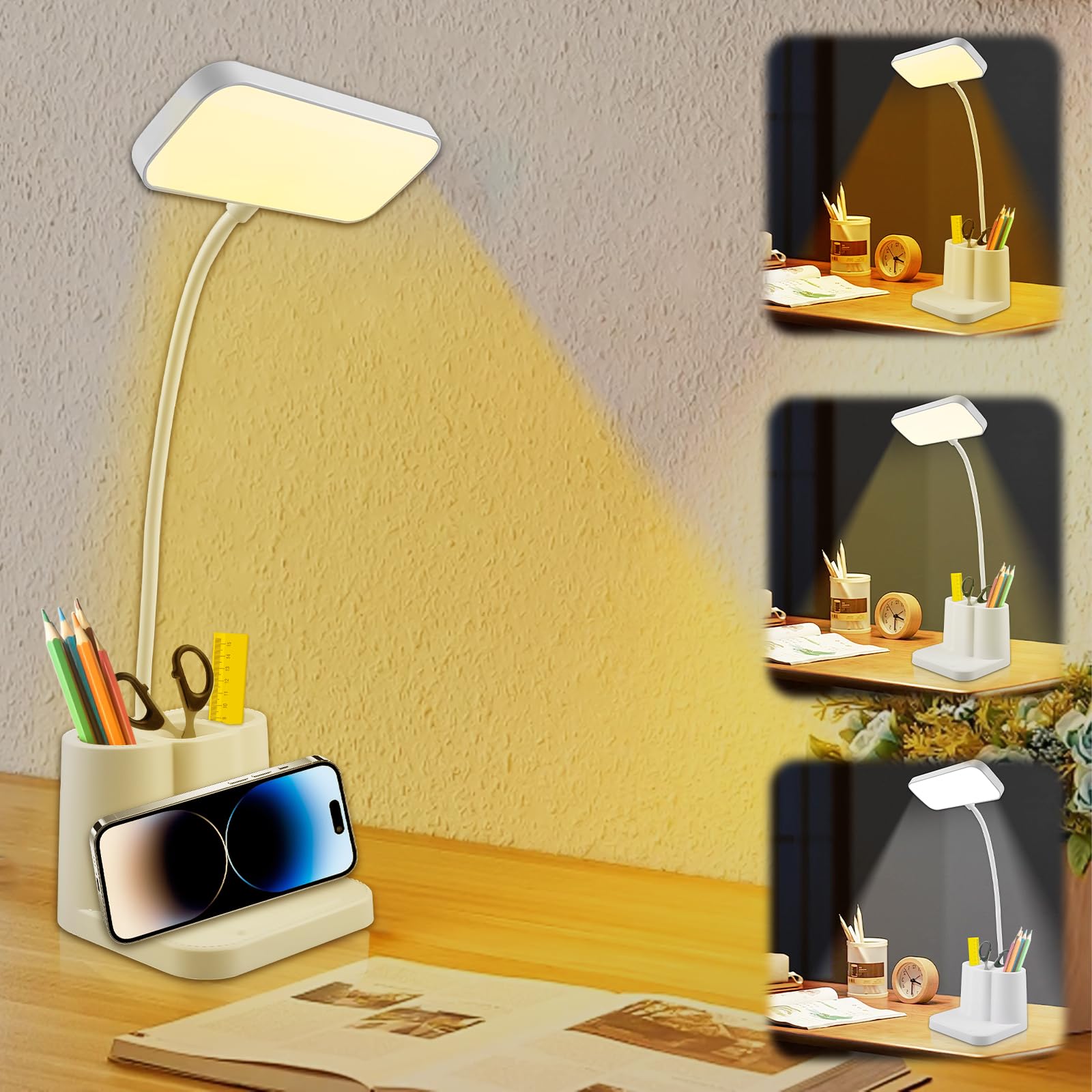 GBKDQQ Lámpara de escritorio para niños, lámpara de lectura para niños con lápiz y soporte para teléfono, lámpara de escritorio táctil, 3 colores, atenuación continua, lámpara de mesita de noche,