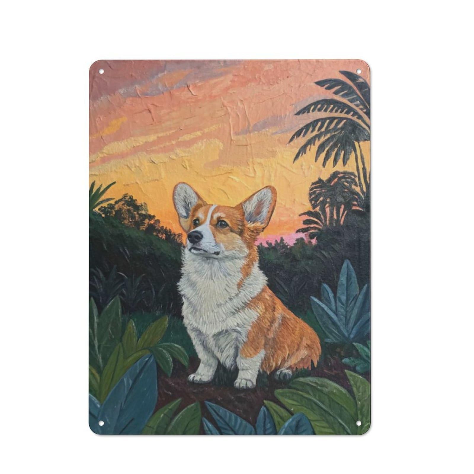 Junmoney Style-24 Simple Retro Corgi In A Tropical Sunset Metal Desk Wall Sign 40X30cm, Studio Wall Plaque For Workspace, Cafe, Shop Or Desk Area