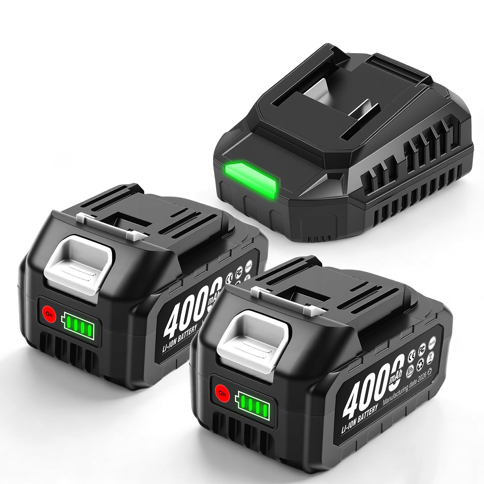 Lot de 2 batteries de rechange 4,0 Ah et chargeur rapide 21 V batterie au lithium rechargeable pour outils électriques sans fil