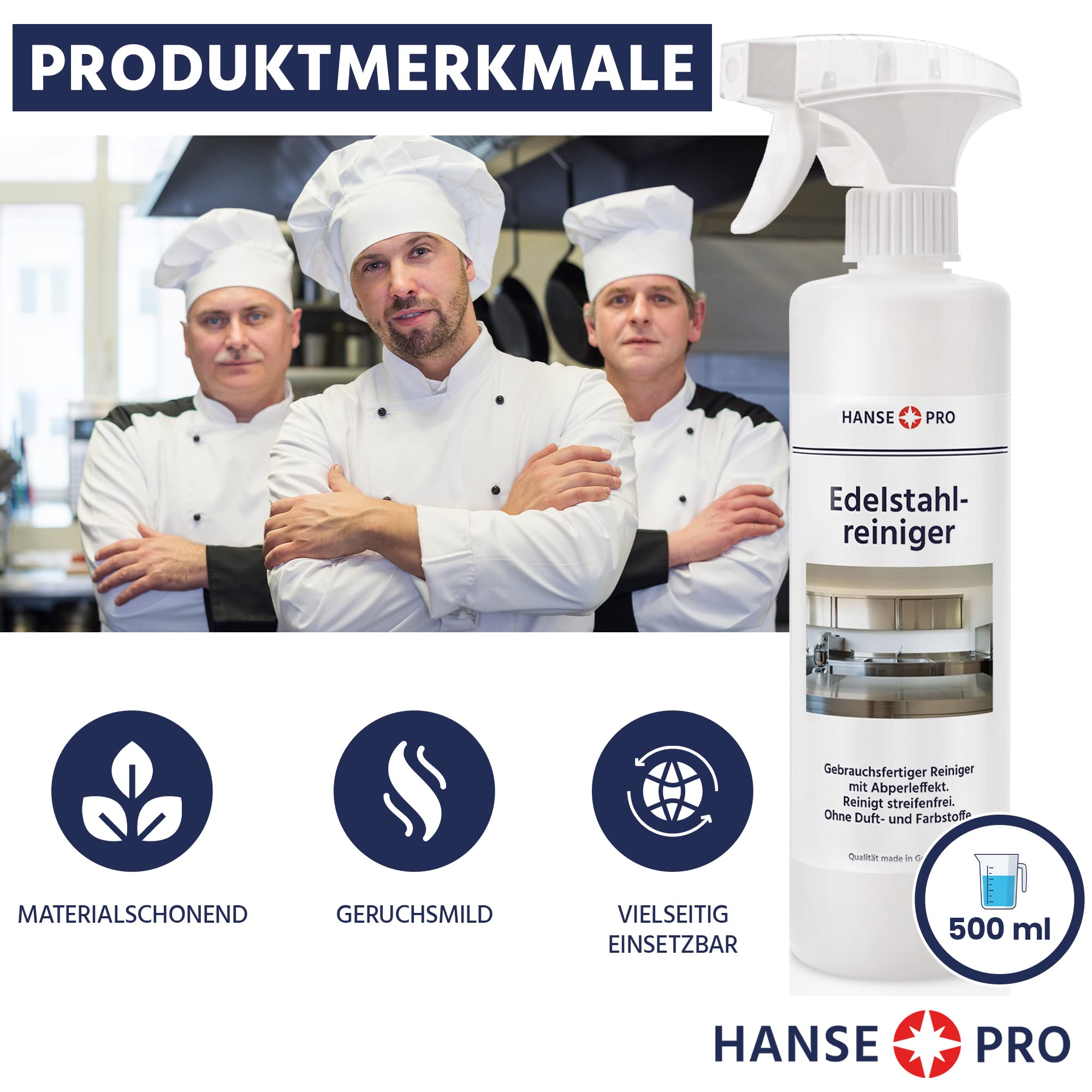 HANSE PRO Edelstahl-Reiniger I Gebrauchsfertig I mit praktischem Abperl-Effekt I Reinigt streifenfrei I ohne Duft- und Farbstoffe I ideal für Küche und Grill (4 x 500 ml)