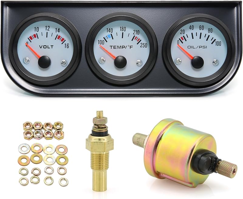 Conjunto Triplo de Indicadores 52 mm ARTILAURA 3 em 1 com Pressão do Óleo, Temperatura da Água e Voltímetro 12 V – Console Preto