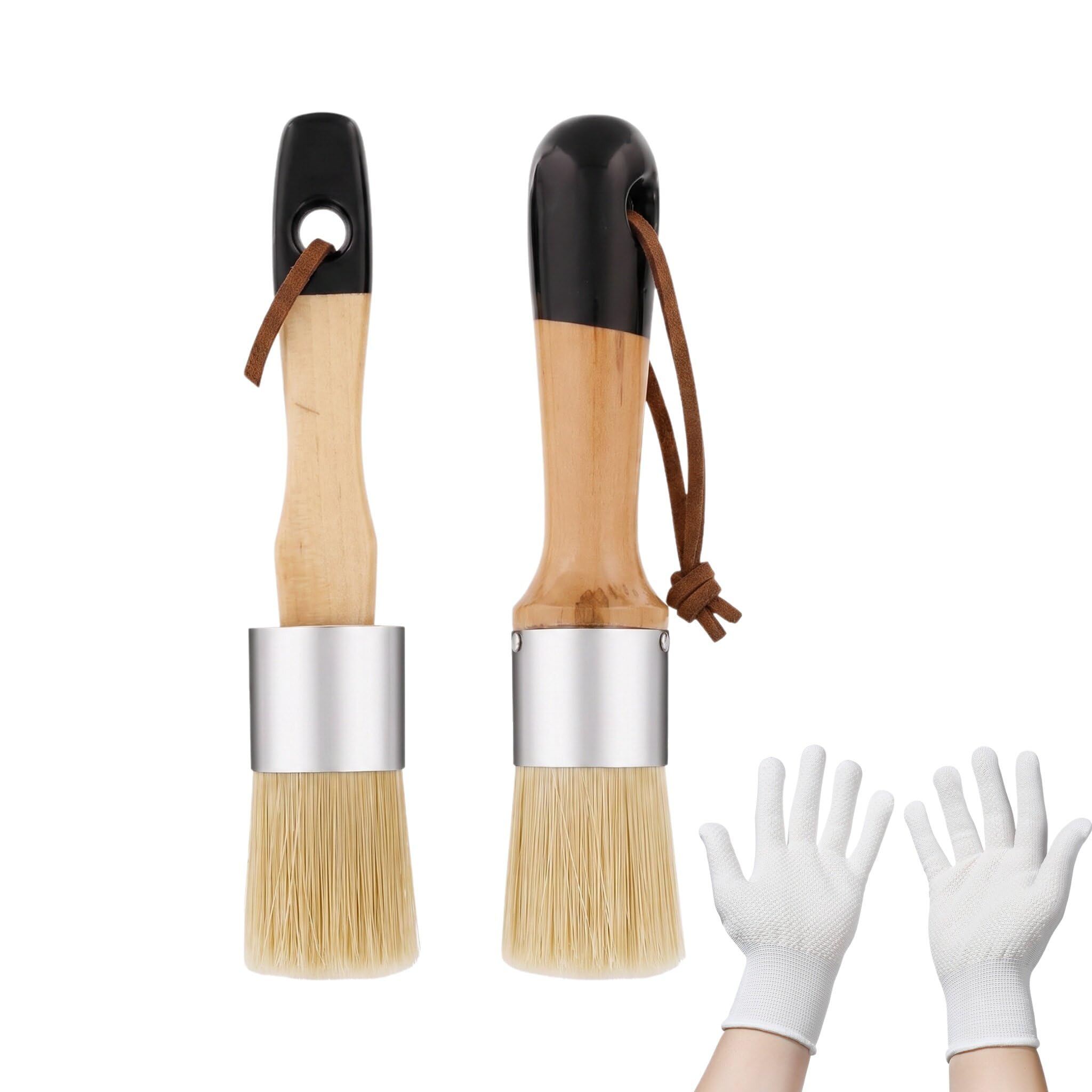 Chalk Paint and Wax Brush Set, 2 Pack Round Oval Stencil Brushes, Natural Bristle Chalk Paint Wax Brushes with 1 Pair White Gloves for Furniture DIY Art Crafts Home Decor
