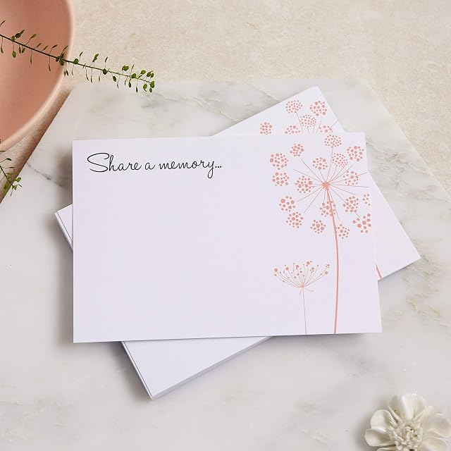 ANGEL & DOVE 25 'Share a Memory...' Funeral Remembrance Cards with Blush Wildflower Design (A6 Postcard Size)