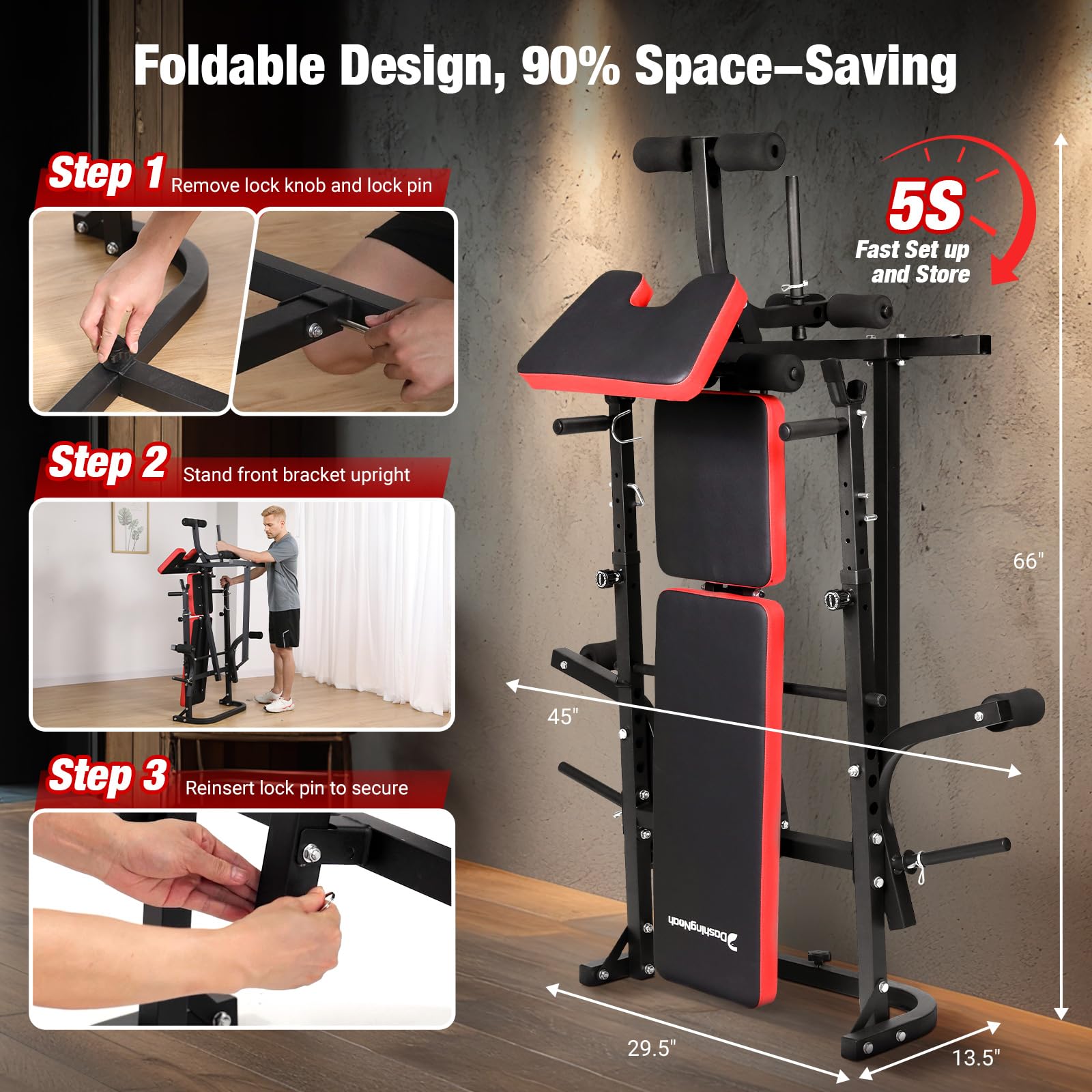 6-in-1 Foldable Weight Bench Set, 1695LBS Adjustable Workout Bench/Barbell Rack/Curl Pad, Bench Press, Leg Extension and Curl machine, Workout Fitness Equipment w/Squat Rack for Home Gym