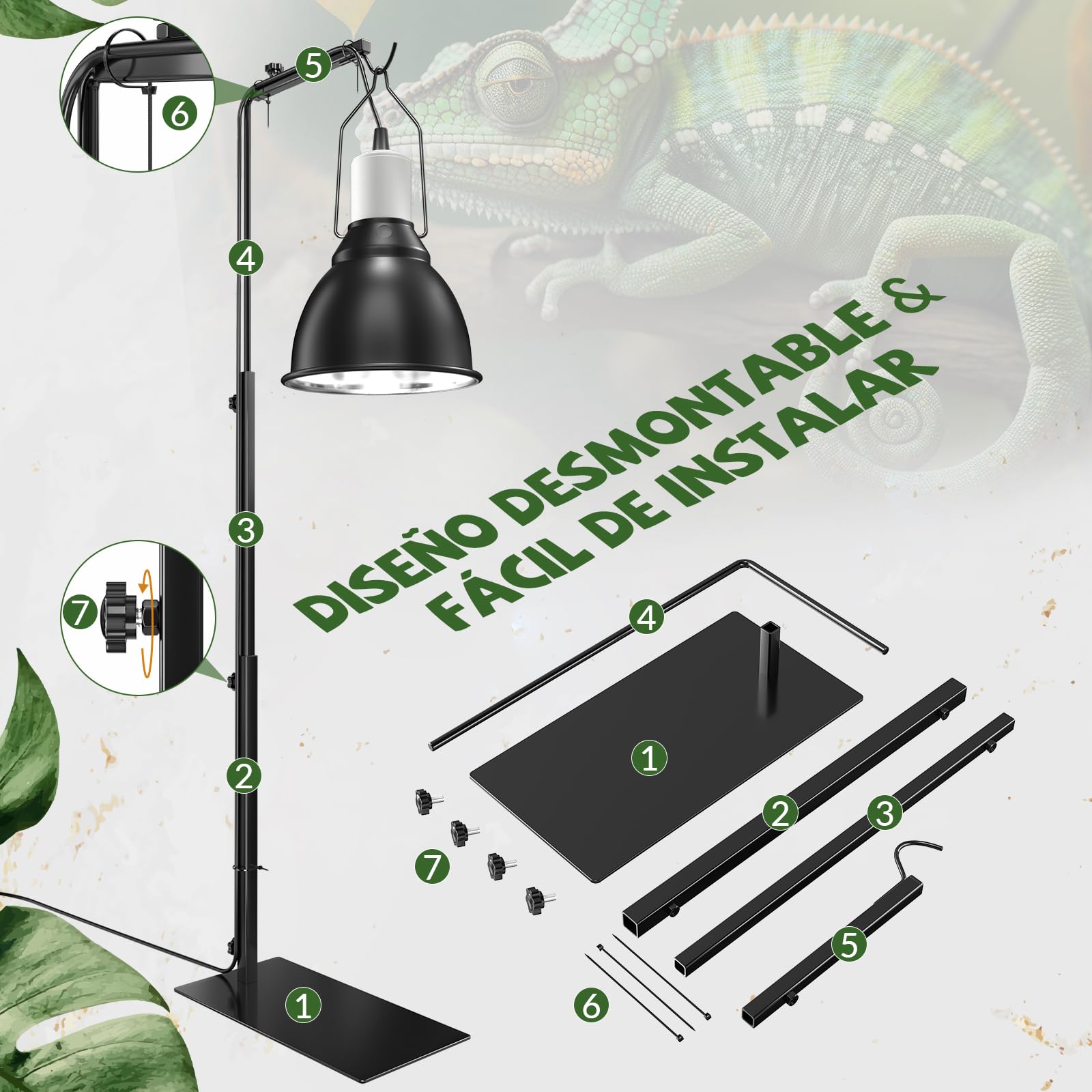 GlowUp 40 – 93 cm Reptiles Soporte para lámpara de reptiles ajustable, altura regulable, soporte para lámpara de reptiles con base de terrario, soporte de luz para tortugas arañas (sin lámparas)