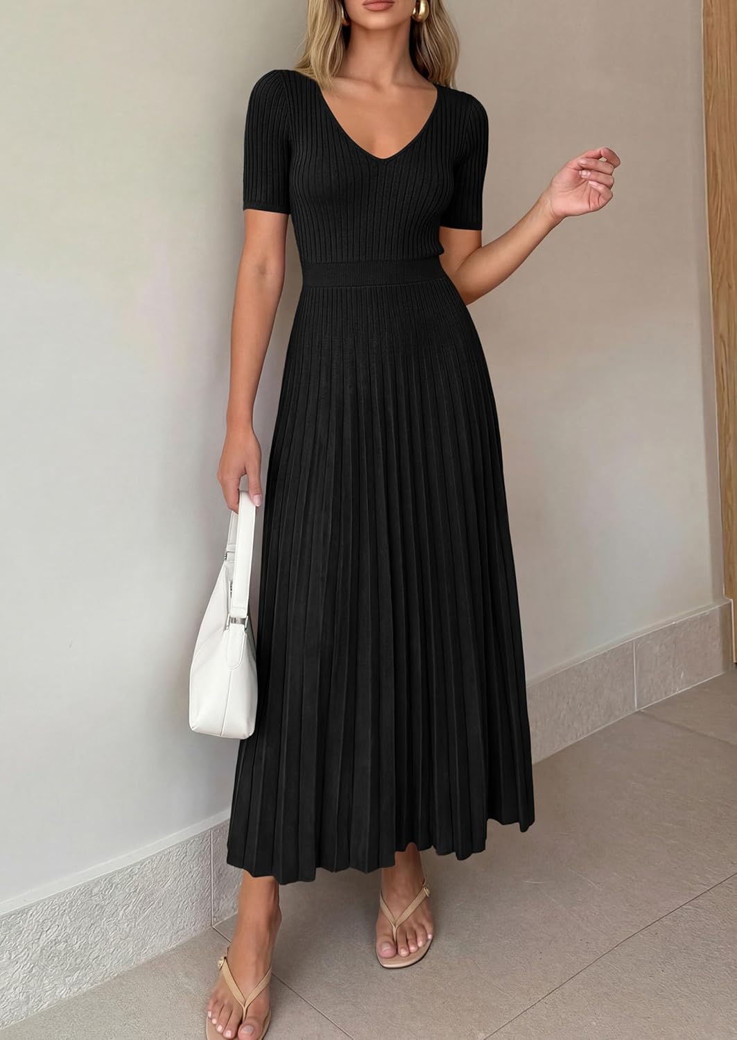 PRETTYGARDEN Women's 2026 Spring Midi Sweater Dresses Elegant Pleated Ribbed Knit Short Sleeve V Neck A Line Summer Outfits - Image 2