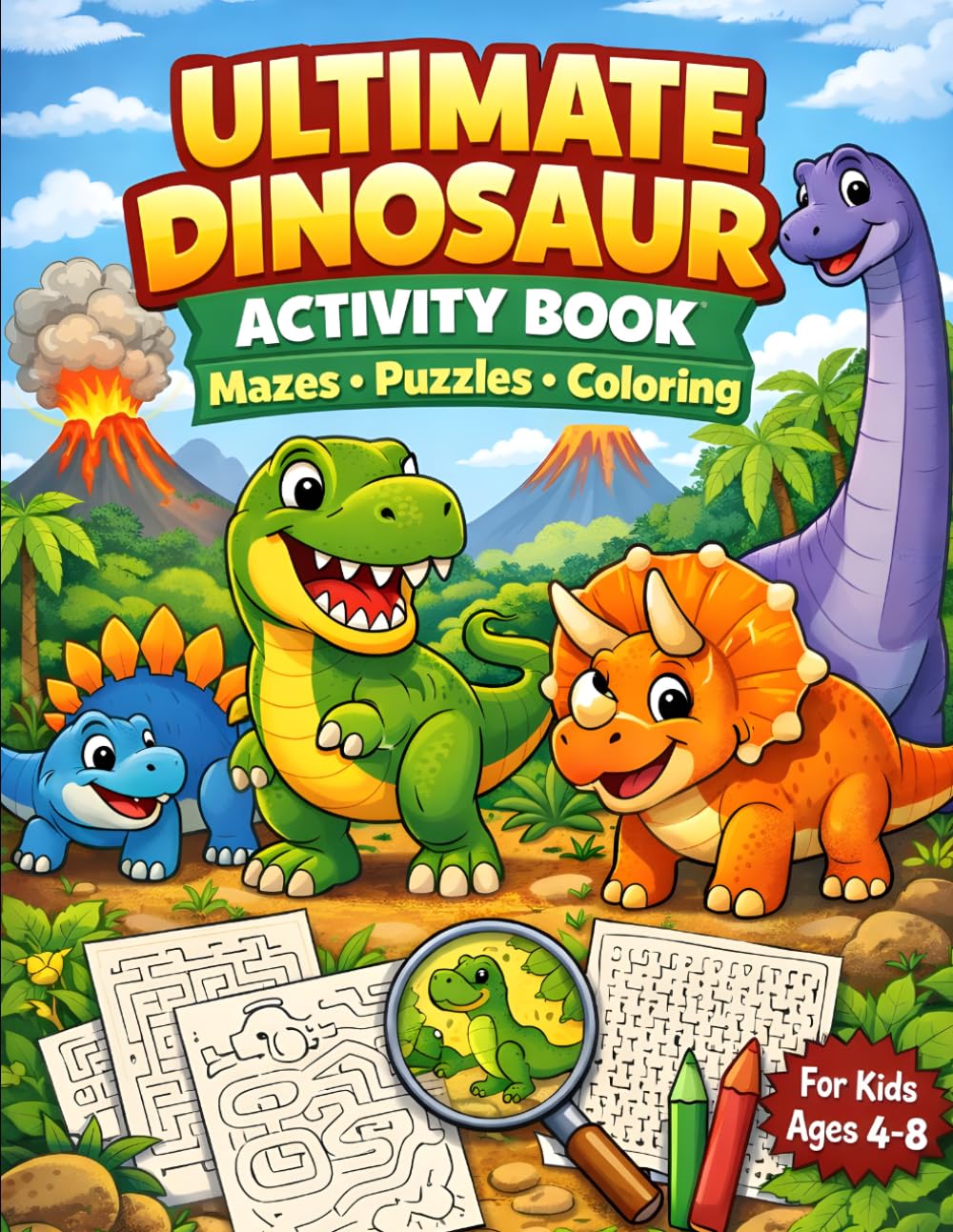 ULTIMATE DINOSAUR ACTIVITY BOOK: Mazes, Hidden Dinosaurs, Puzzles, Coloring Pages, Spot the Difference and Fun Jurassic Games for Kids Ages 4–8