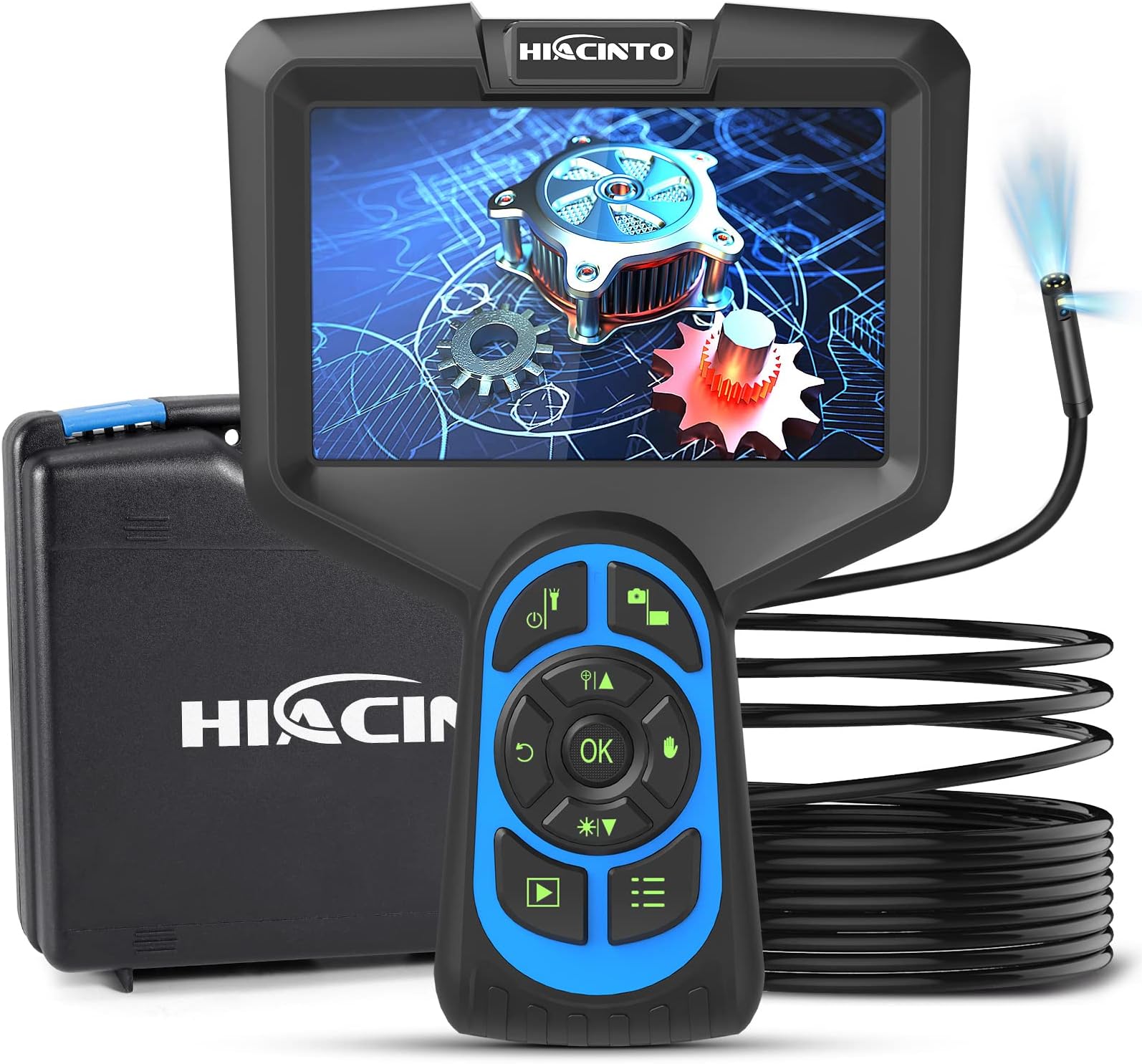 5mm Ultra Fine Dual Lens Endoscope Inspection Camera, Hiacinto 5inch IPS 1080P Digital Inspection Camera with IP68 Waterproof, Scope Camera with 7 LED Lights, 16.5FT Semi-Rigid Cable, 32GB Card