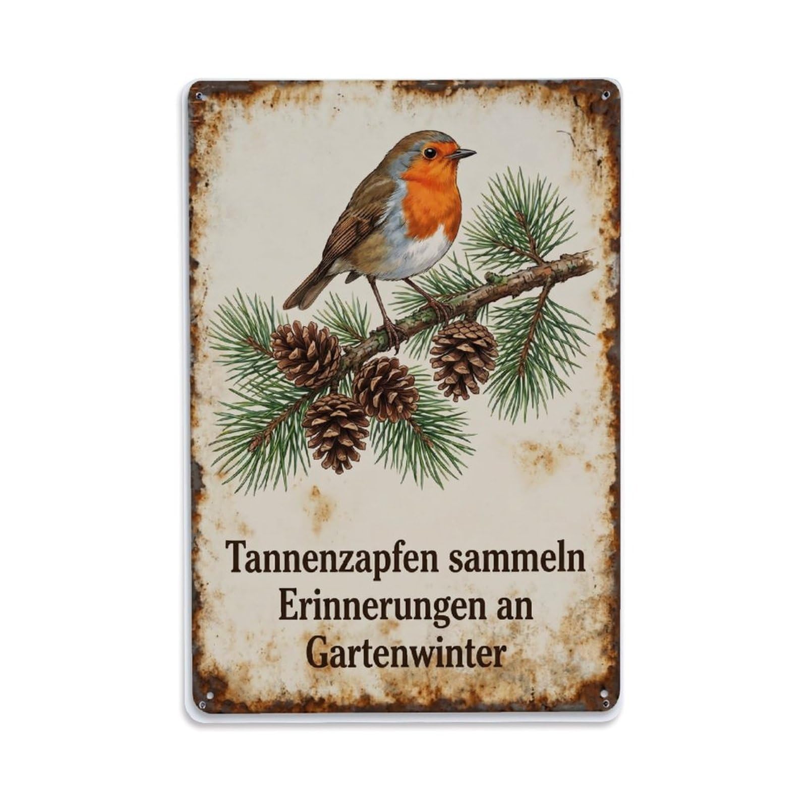 Fqnyr Style Robin Bird Garden Quote Pinecone Branch Metal Tin Sign Plaque Wall Decor For Cafe, Club Bar, Office, Home Garden Metal Poster 8X12inch