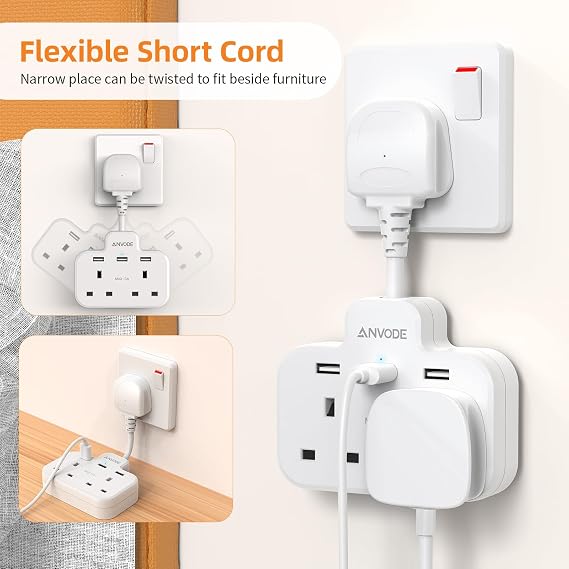 Double Plug Adaptor with USB, 2 Way Wall Adapter with Short Extension Lead, Multi Plug Socket Extender For Home Office (White)