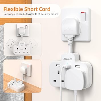Double Plug Adaptor with USB, 2 Way Wall Adapter with Short Extension Lead, Multi Plug Socket Extender For Home Office (White)