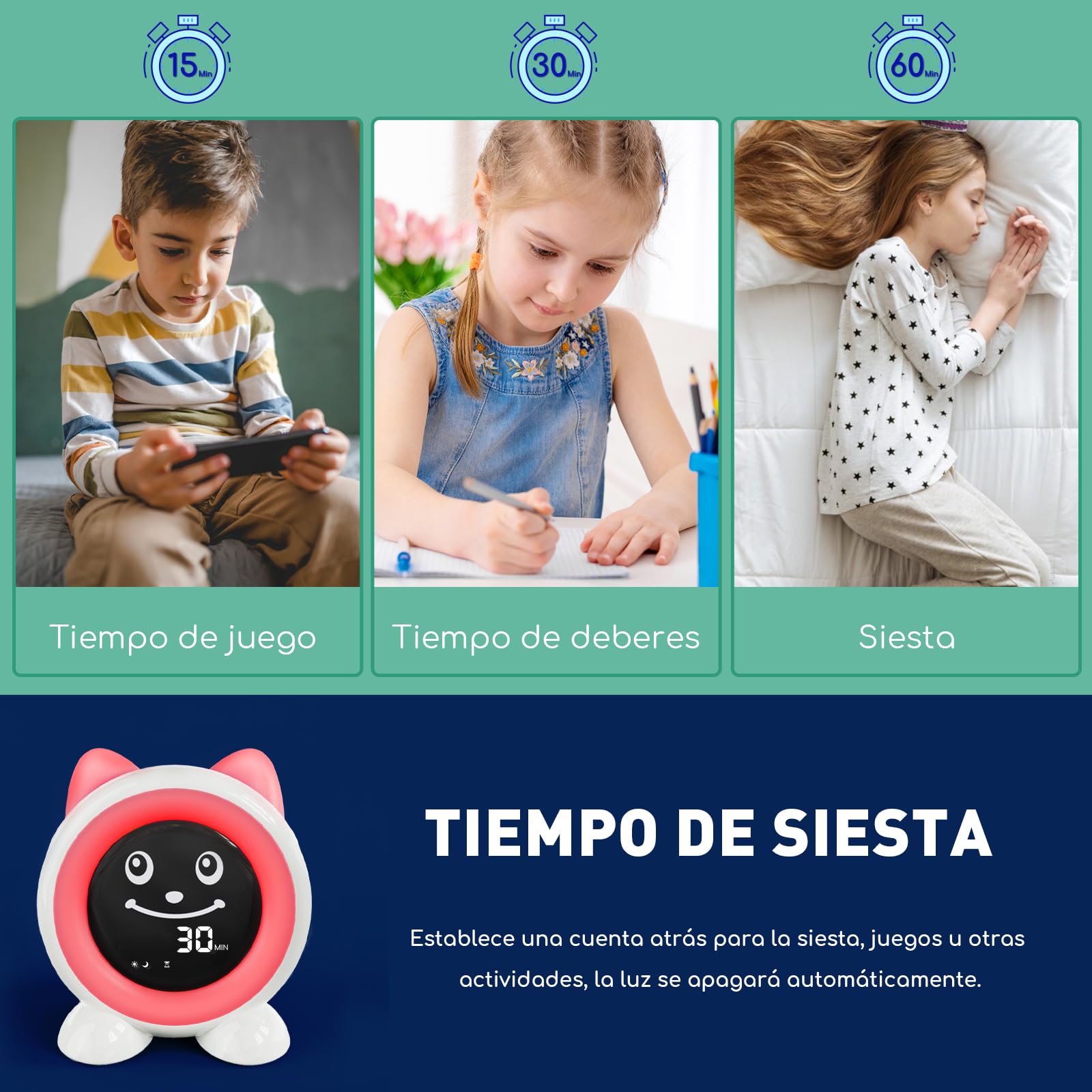 I·CODE Reloj Despertador Infantil, Entrenador del Sueño Infantil con Emoji y Luz Nocturna, Adorable Reloj Despertador para Niñas y Niños Primero en la Escuela