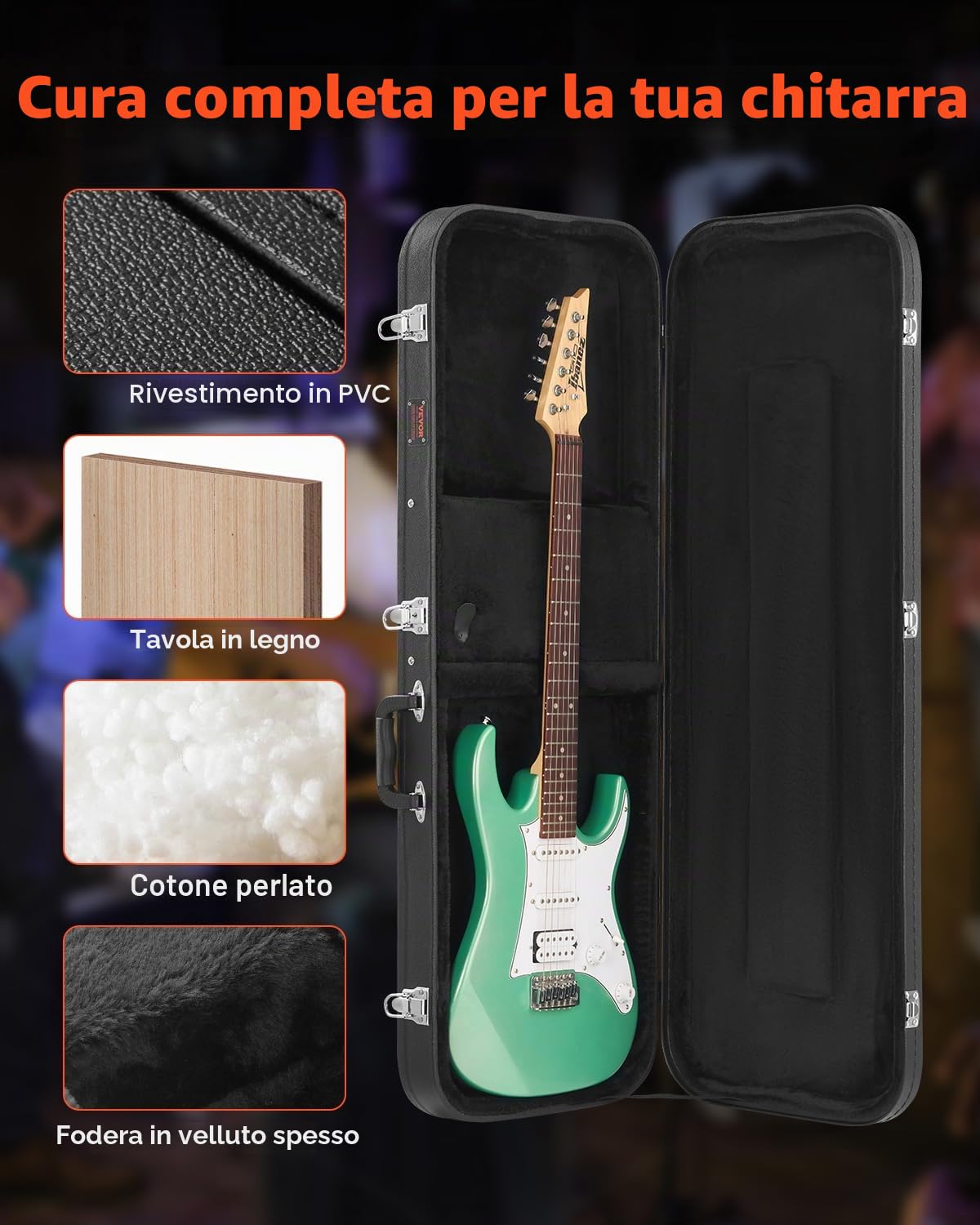 VEVOR Custodia Rigida per Chitarra Elettrica, Custodia Rigida Rettangolare 1040 mm con Chiavi Chiusura, Maniglia, Imbottitura, Fodera Morbida, Custodia Resistente all'Acqua, per Bassi 990 mm, Nero
