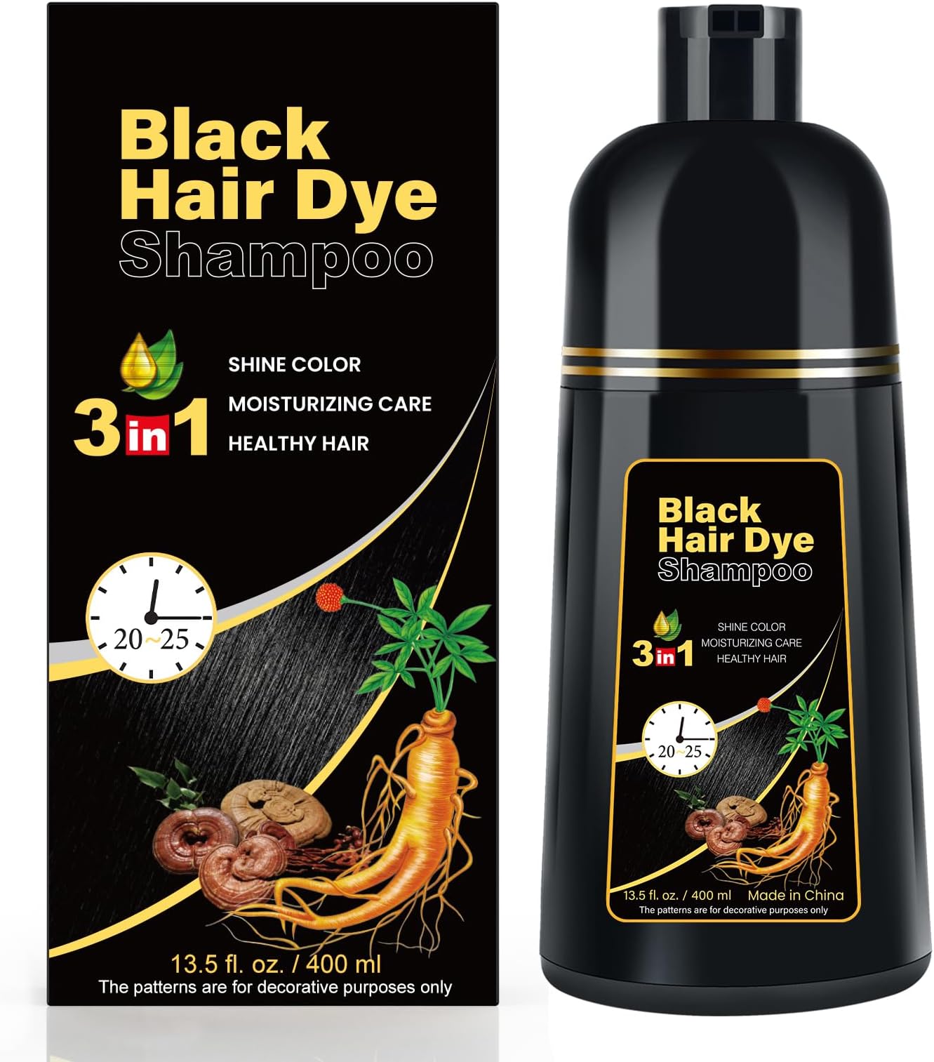 Black Hair Dye Shampoo 3 in 1 for Gray Coverag Color Shampoo for Women/Men Instant Herbal Semi Permanent champu para canas