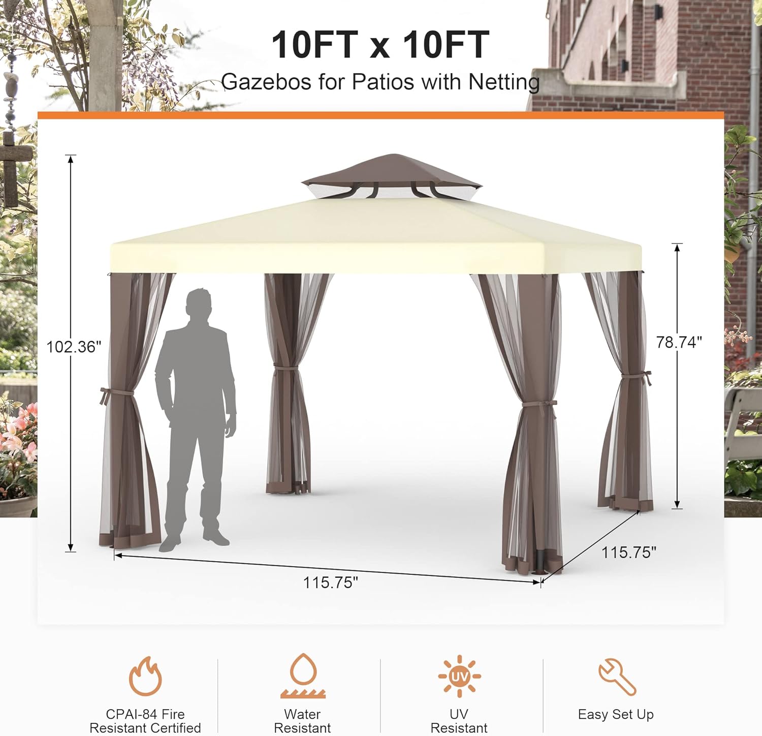 Gazebo, 10'x10' Canopy Tent Waterproof UV-Resistant 2-Tier Top Sturdy Outdoor Canopy Shelter for Camping w/Mosquito Netting for Garden Patio Backyard(White)