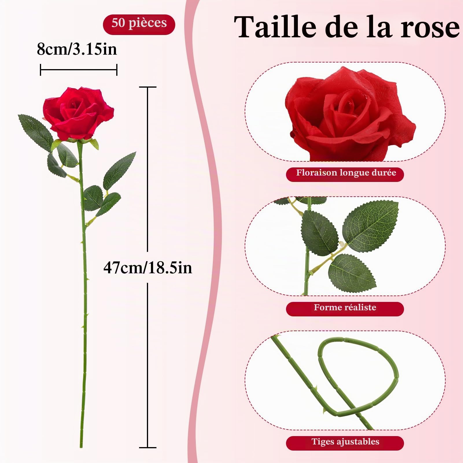 50Pcs Rouges Roses Fleurs Artificielles avec Tige DIY,pour Mariage