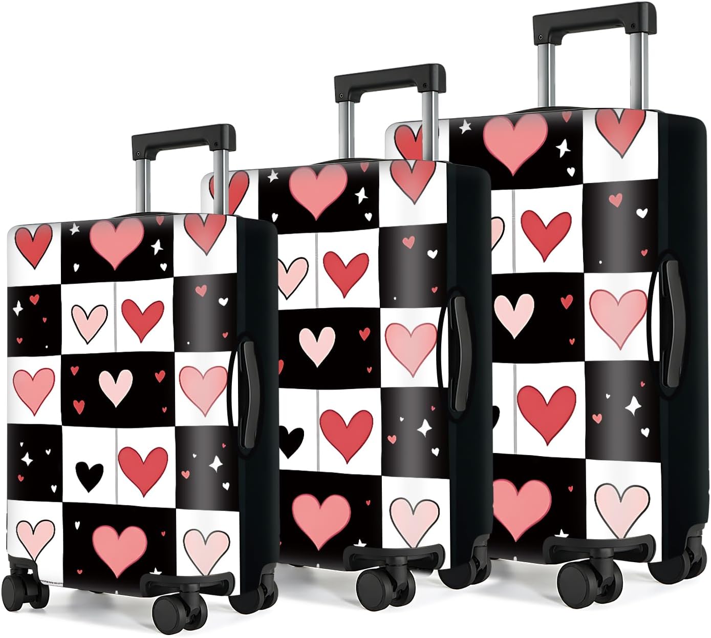 Heart Pattern Luggage Cover – Elastic Suitcase Protector with Black & White Grid Design – Stylish Washable Travel Sleeve Fits 32-34 Inch Checked & Carry-On Luggage, XL