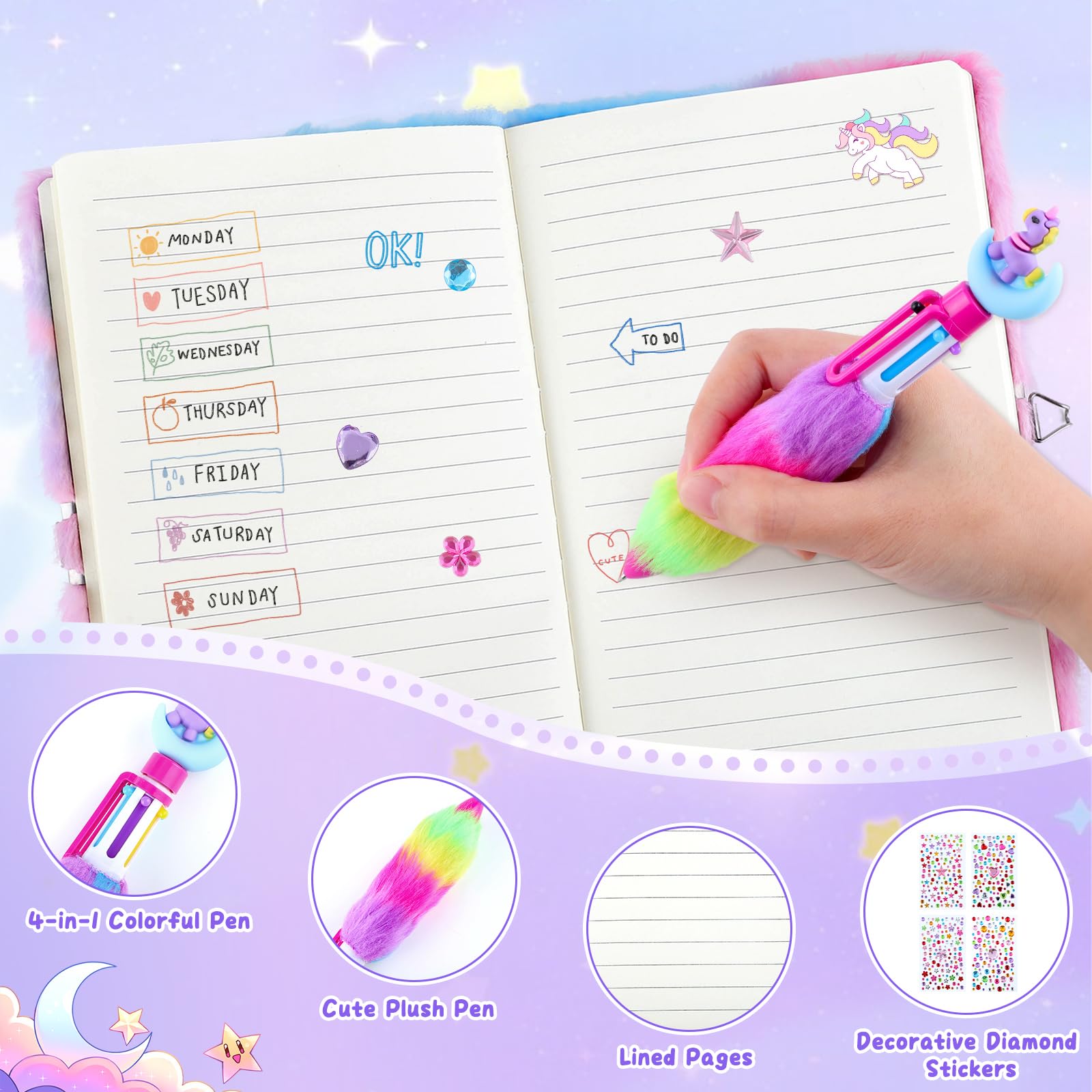 Yoosso 9Pcs Set Secret Diary for Girls,Gifts for 6/7/8 Year Old Diary Notebook Girls with Lock Secret Journal Kids Stationery Gifts Aged 6-13 - Image 4