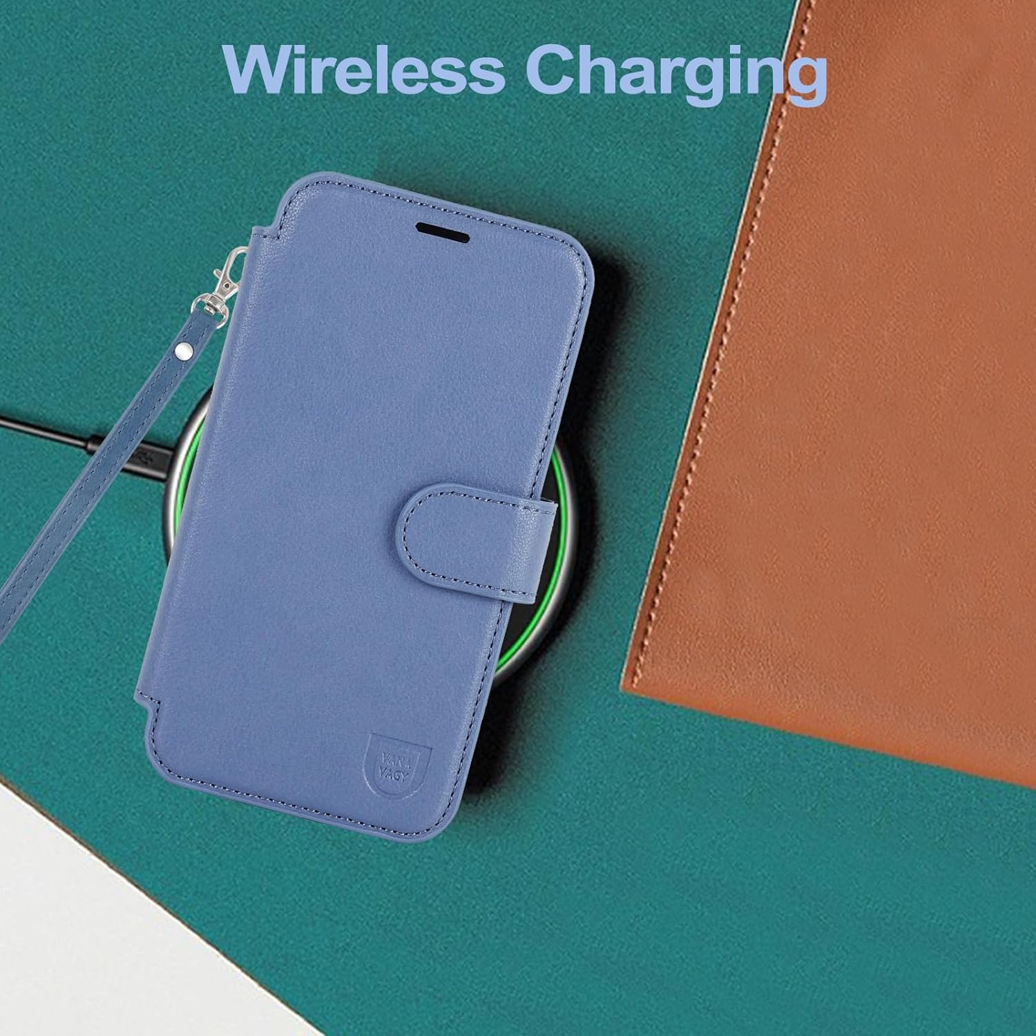 VANAVAGY Compatible for iPhone 16e/17e Wallet Case for Magsafe Wireless Charging, [Camera Cover & Screen Protector] PU Leather Flip Folio Phone Cover with Strap RFID Blocking Card Holder, Blue